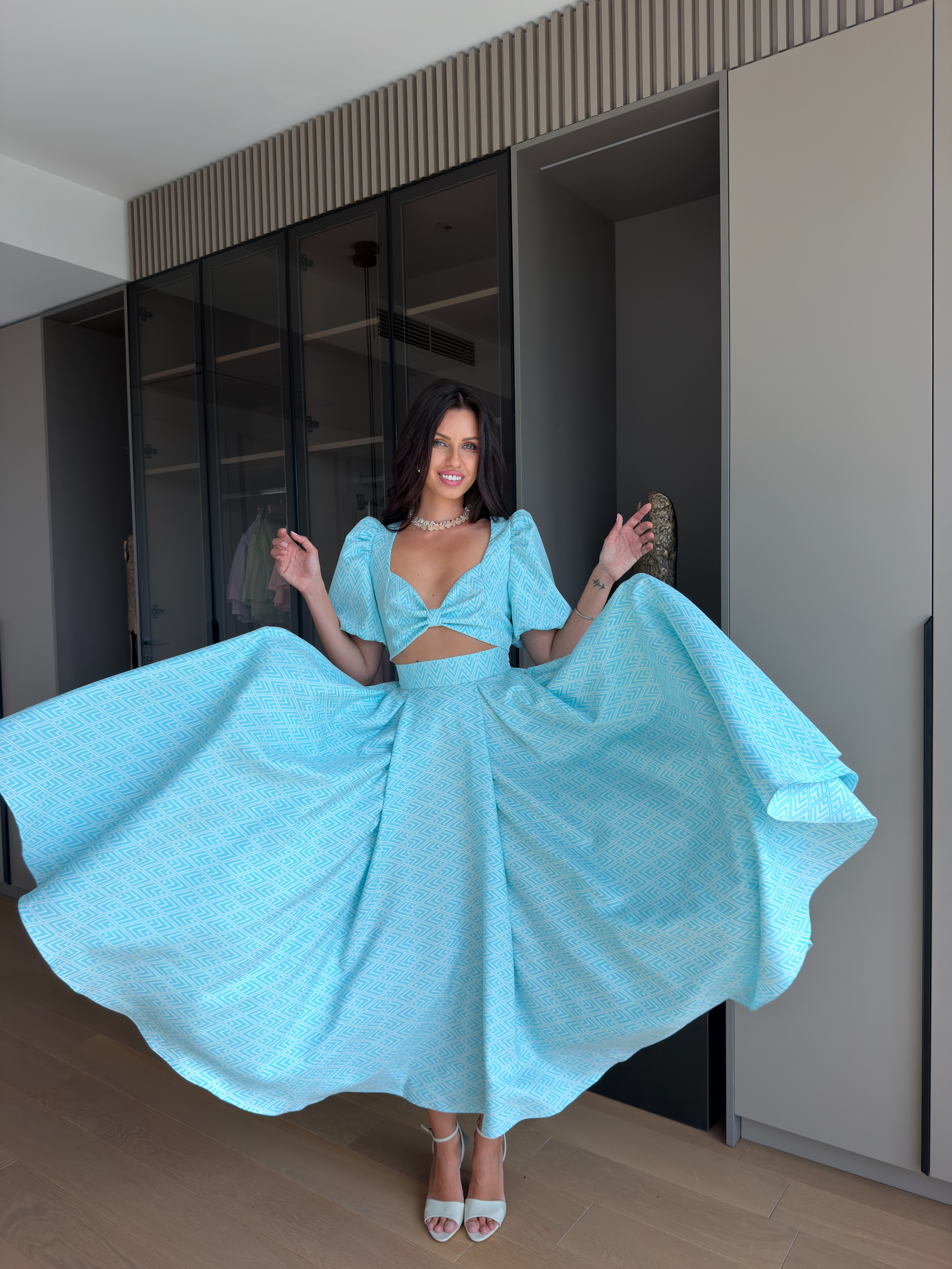 Fustă midi elegantă cu talie înaltă, pliuri și buzunare, Charlotte Aqua