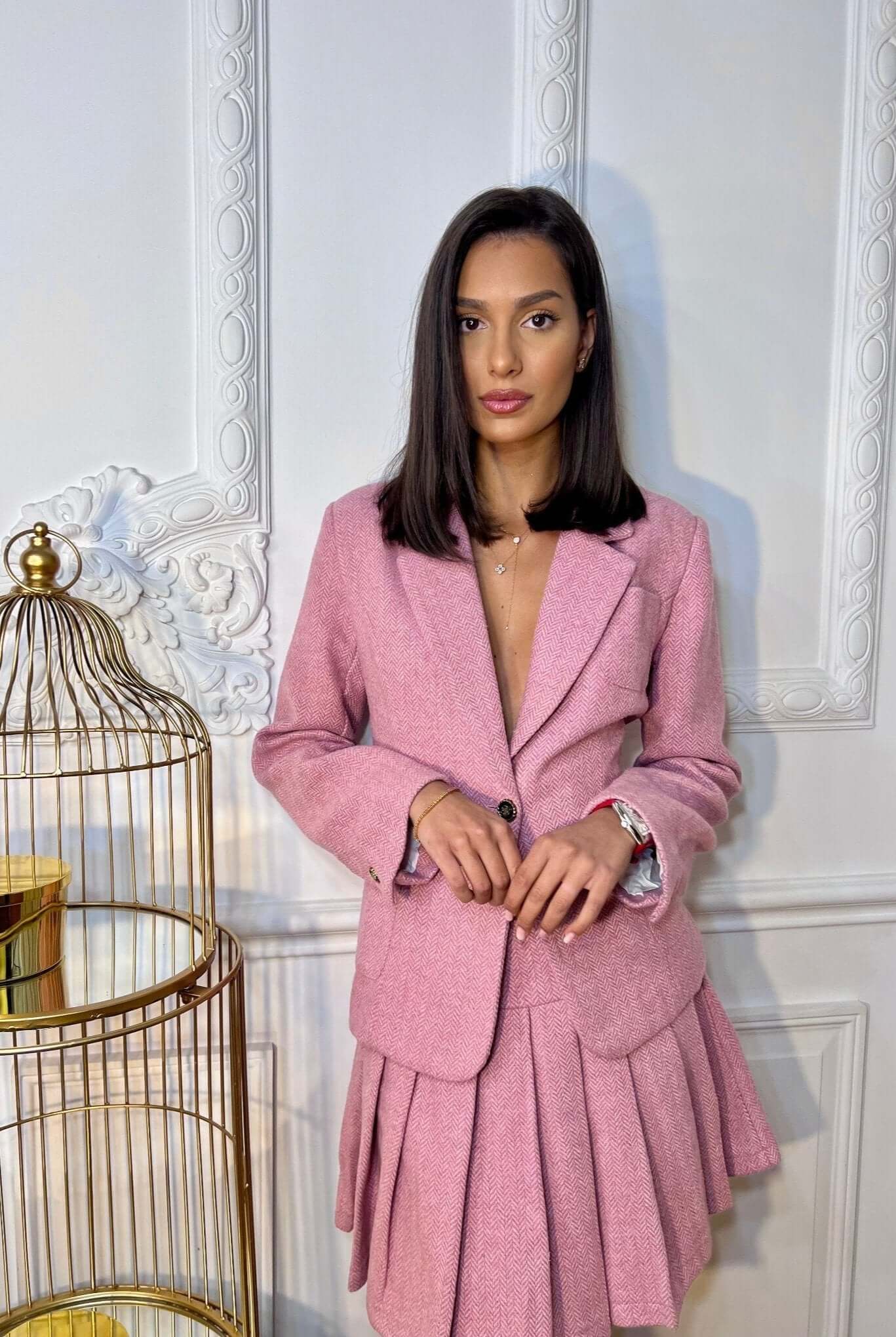 Costum cu Sacou si Fusta Mini, Roz, Blush