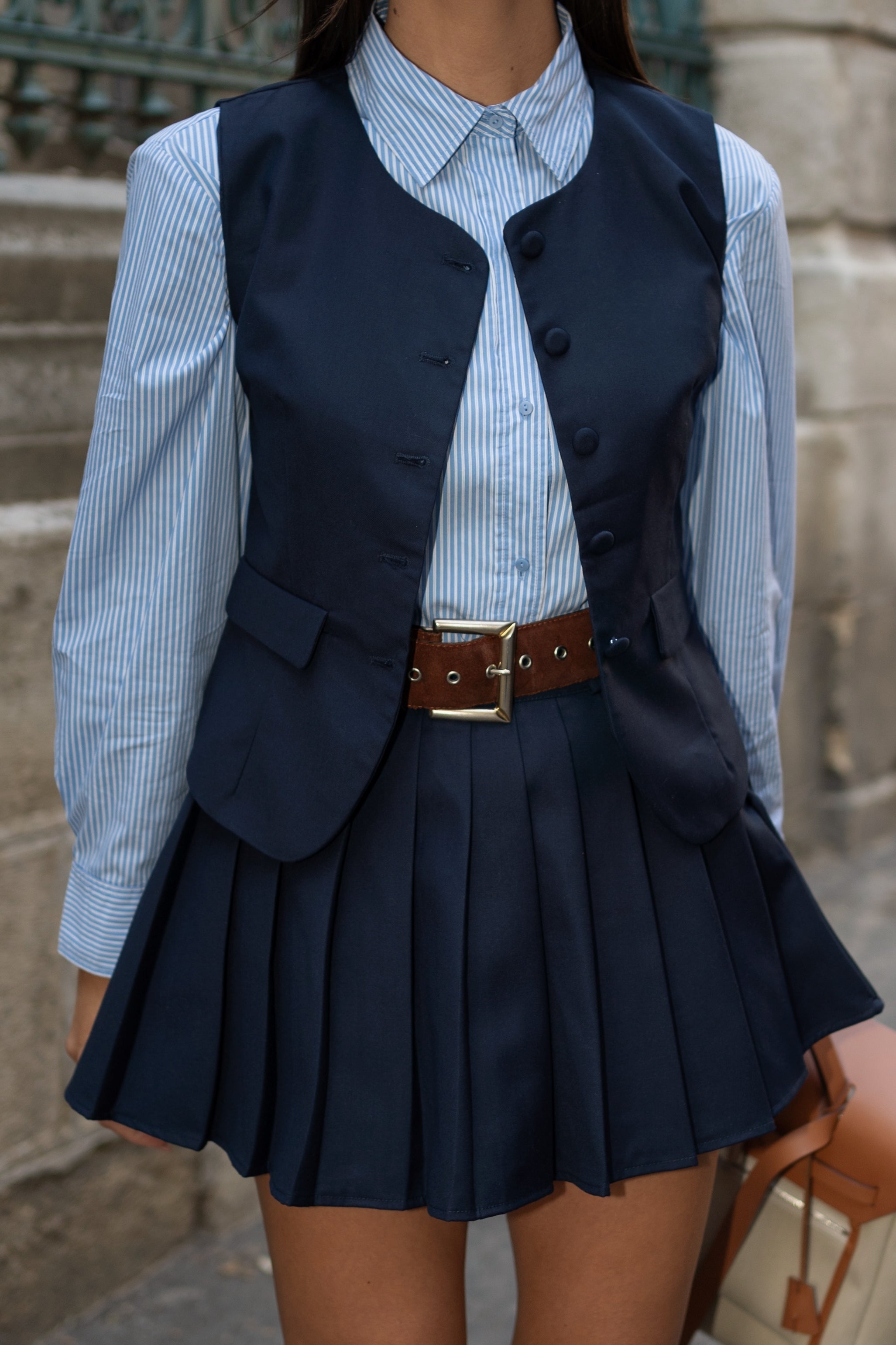 Set cu Vesta si Fusta Plisata, Bleumarin, Virgo