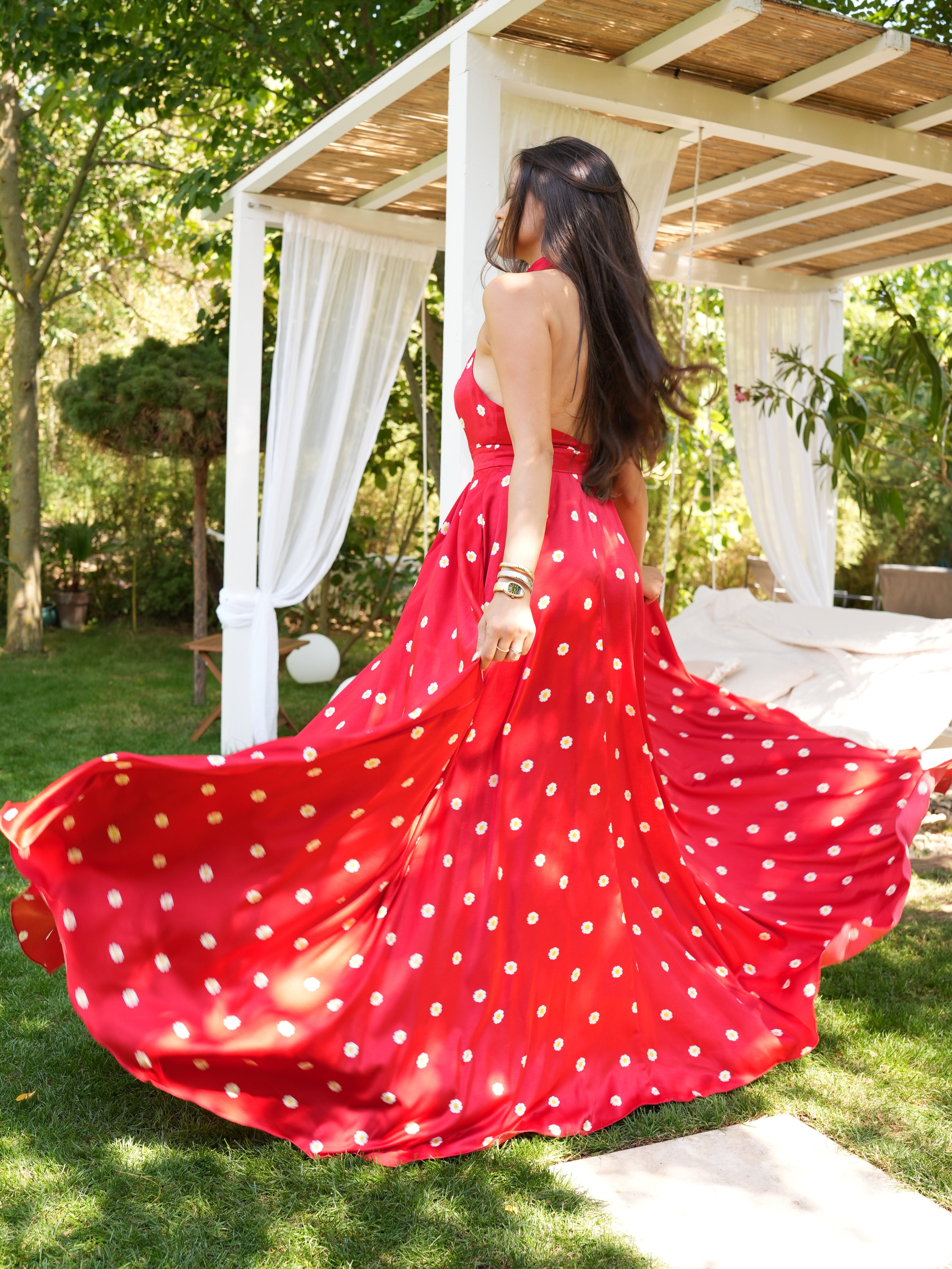 Rochie lungă fluidă cu spatele gol și imprimeu floral, Marguerite Rouge