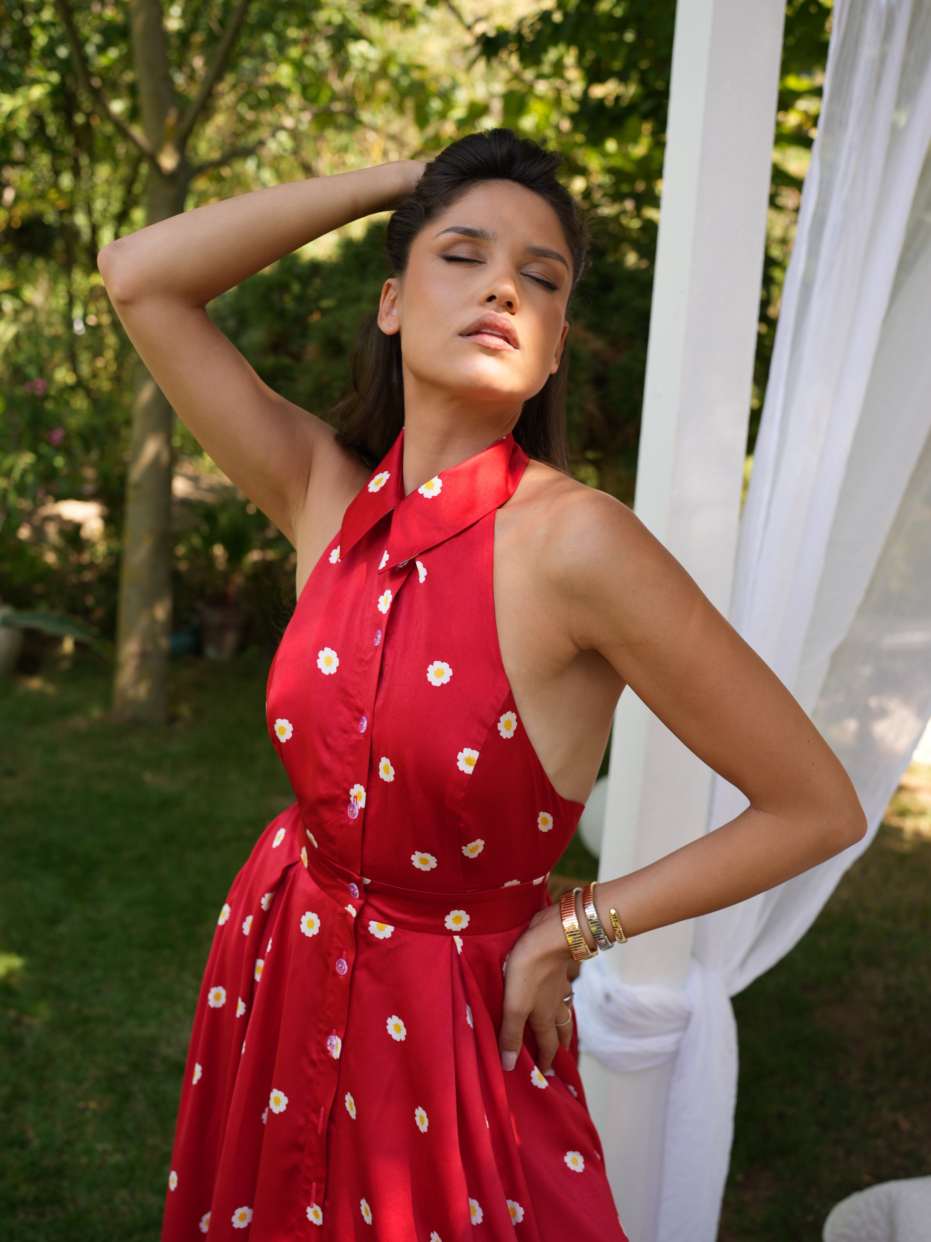 Rochie lungă fluidă cu spatele gol și imprimeu floral, Marguerite Rouge