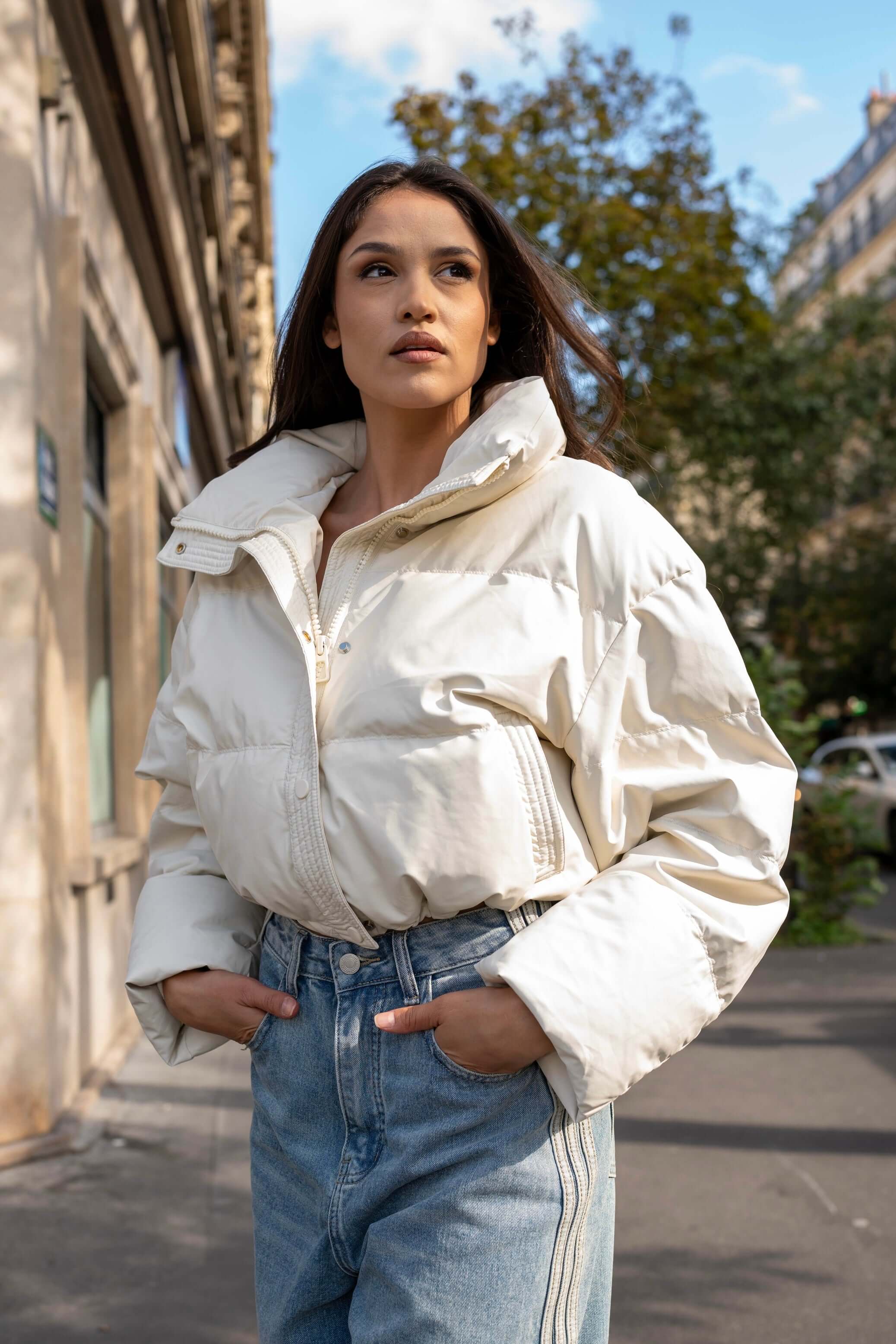 Geaca Puffer Oversized cu Guler Inalt, Bej, Milky Way