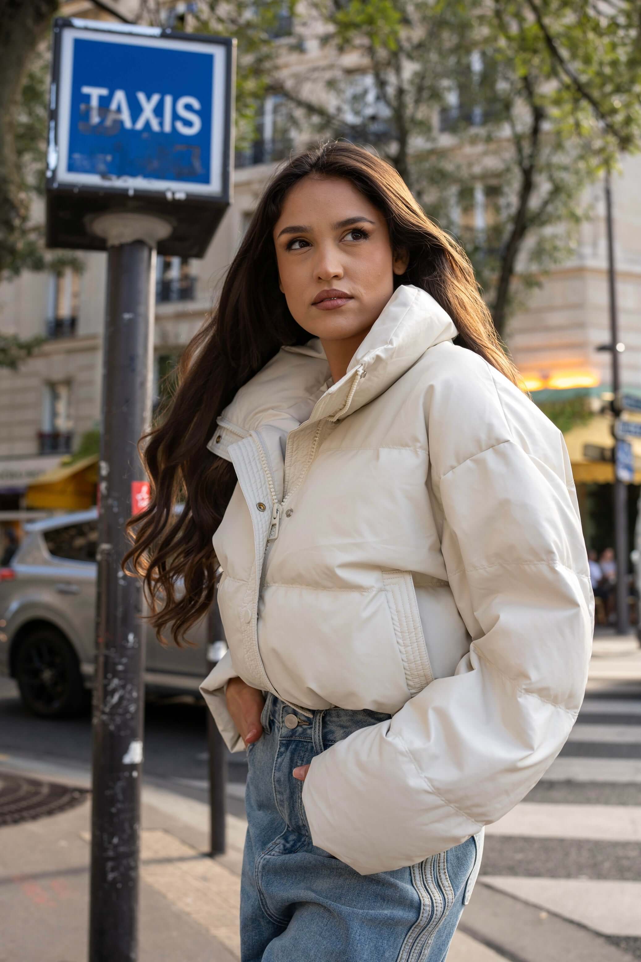 Geaca Puffer Oversized cu Guler Inalt, Bej, Milky Way