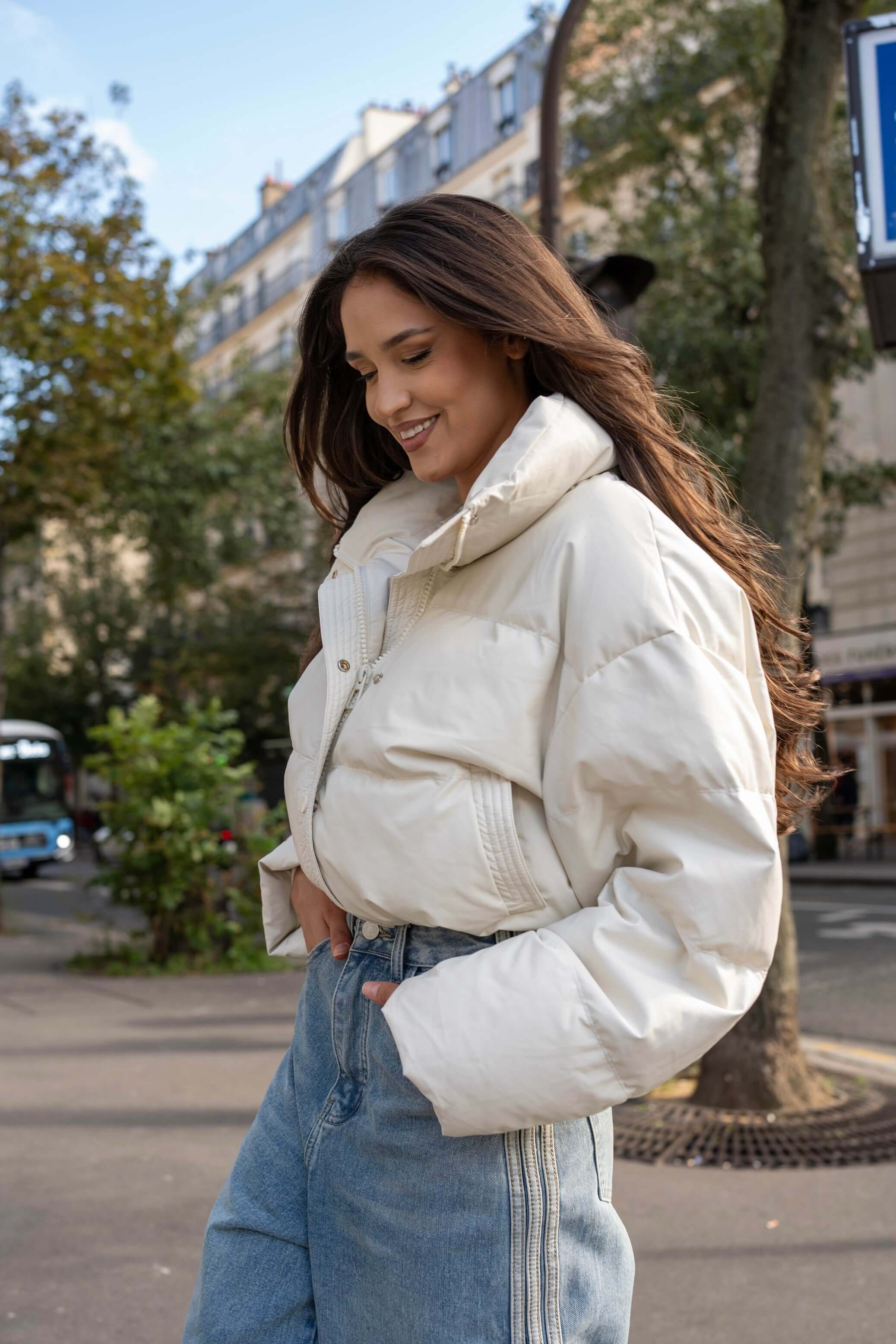 Geaca Puffer Oversized cu Guler Inalt, Bej, Milky Way