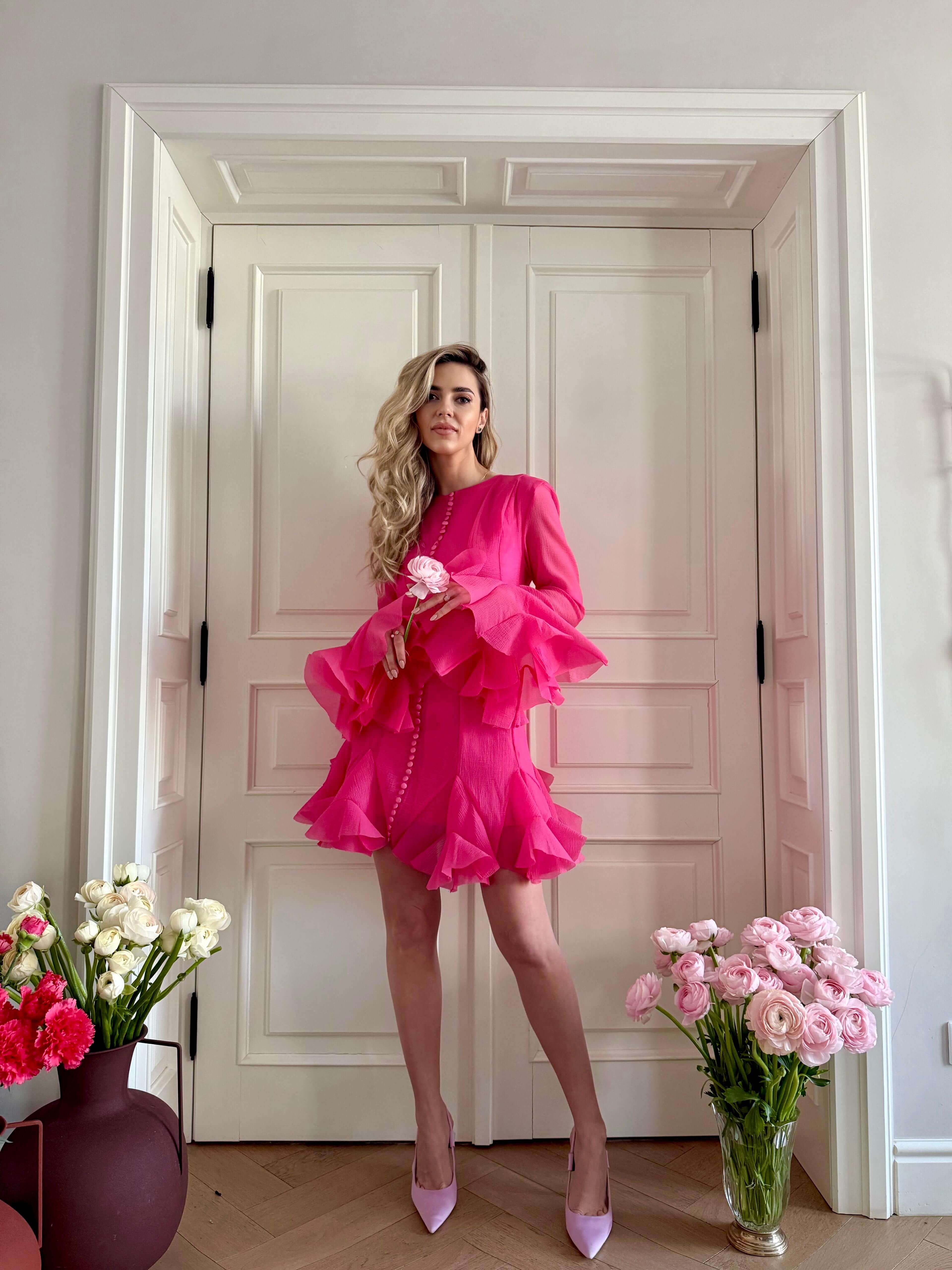 Rochie Mini Fuchsia cu Volane, Swan