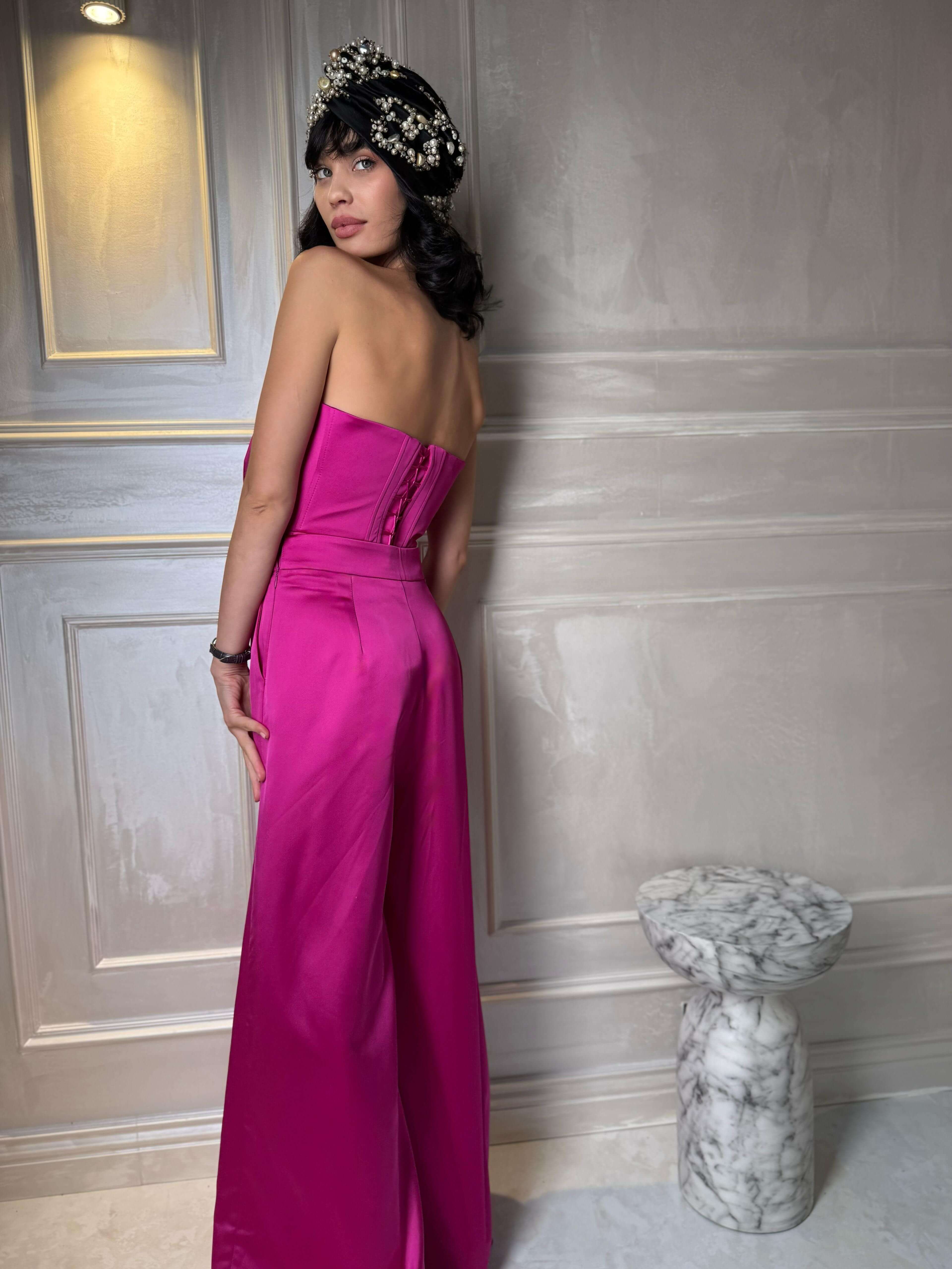 Pantaloni Satinati cu Croiala Larga, Fuchsia, Paloma