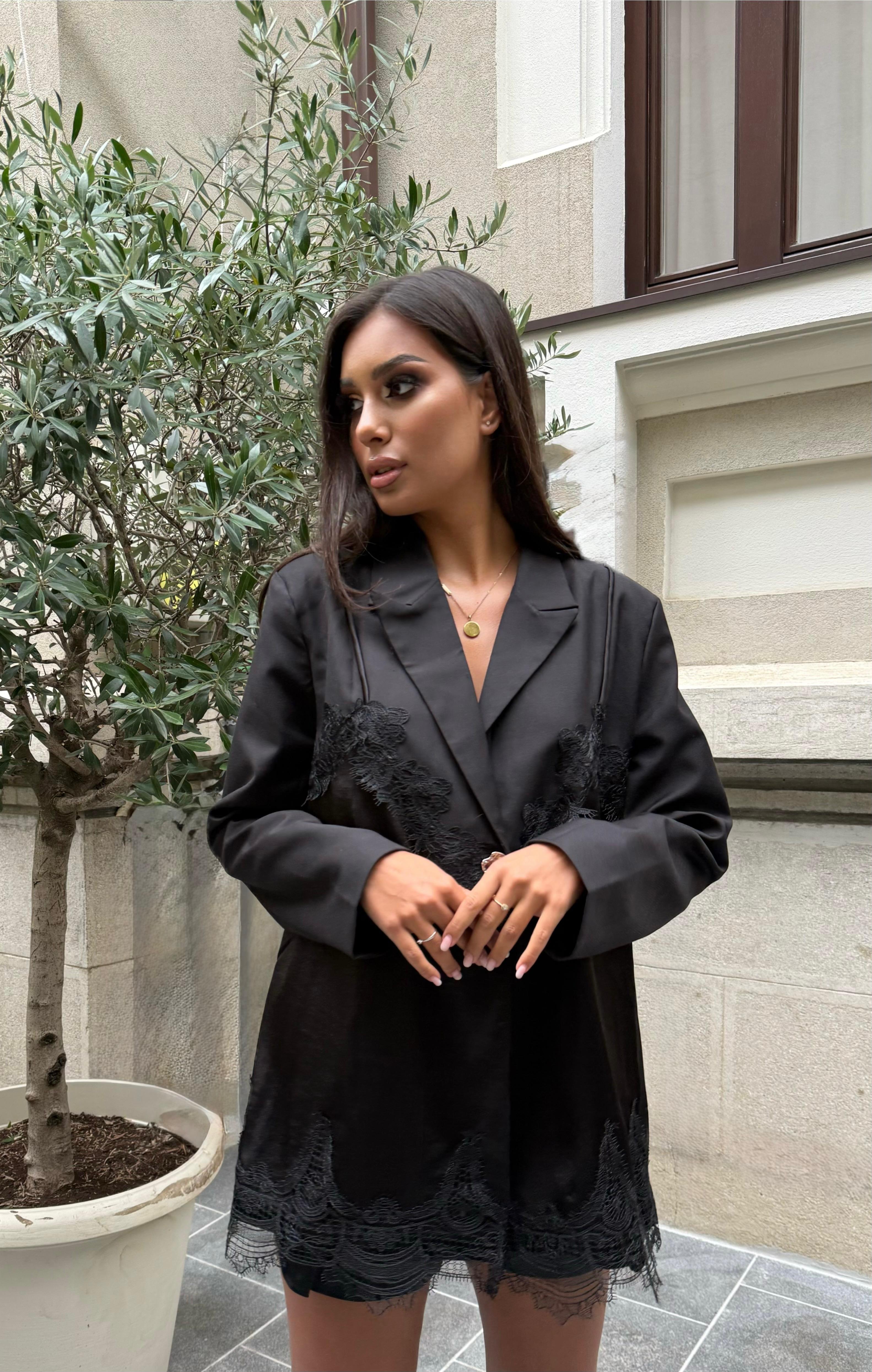Blazer Sacou cu Dantela, Negru, Anouk