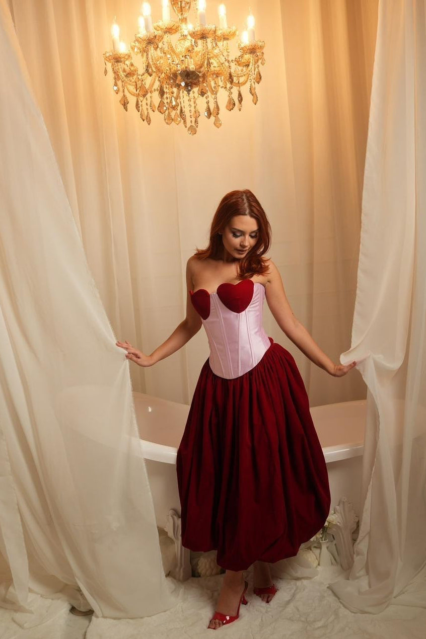 Fusta catifea tip balon midi, Veda, Burgundy