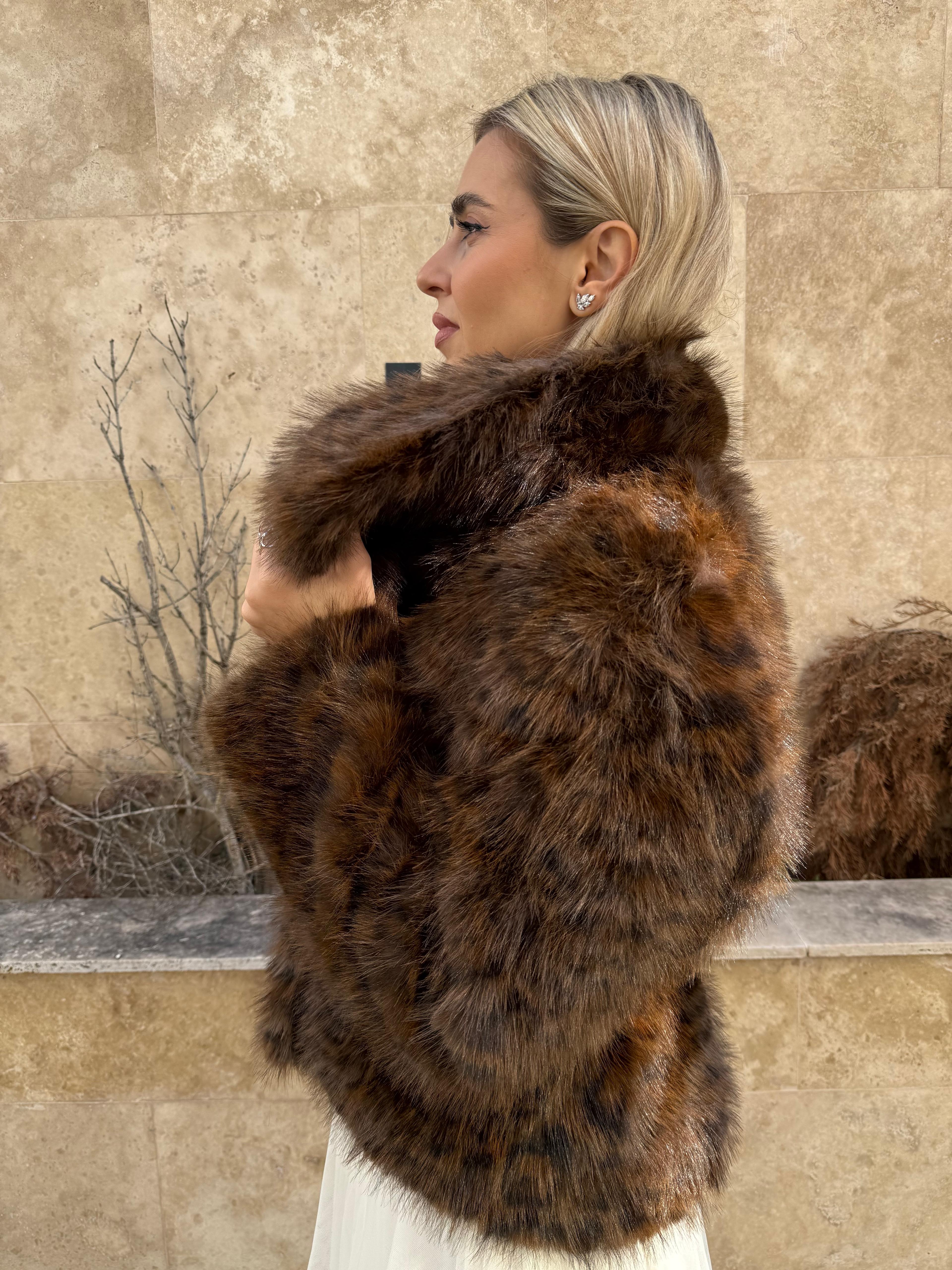 Faux Fur Coat, Animal Print - Noisette