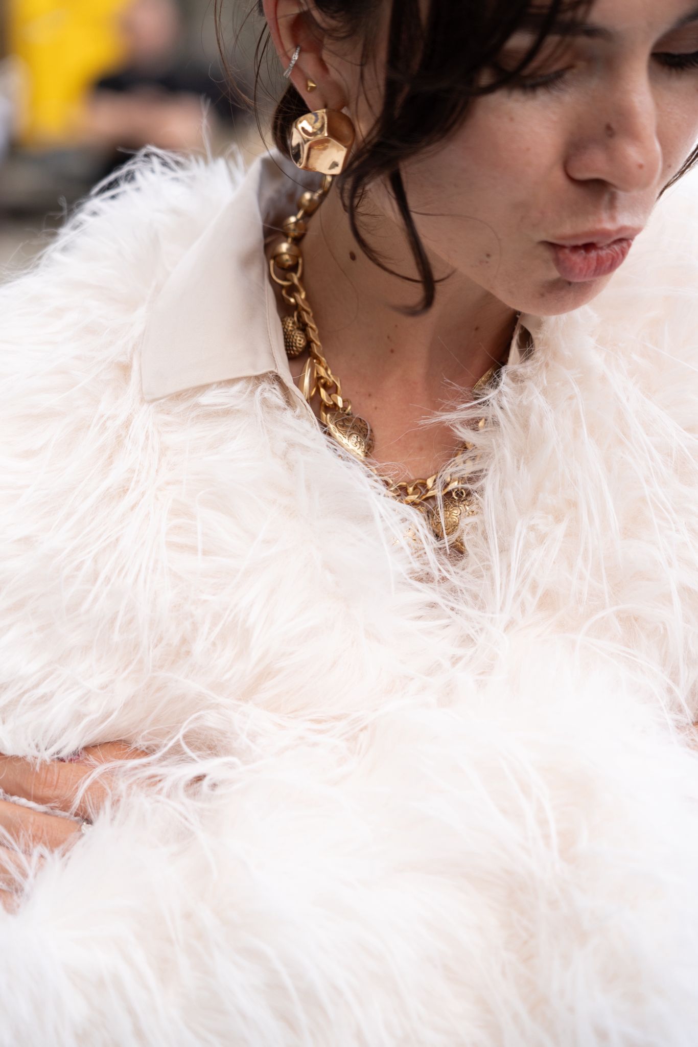 Faux Fur Coat with Wide Collar, Ivory - Aurore