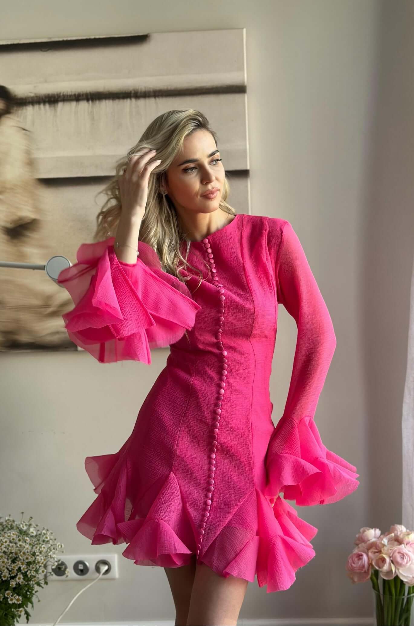 Rochie Mini Fuchsia cu Volane, Swan