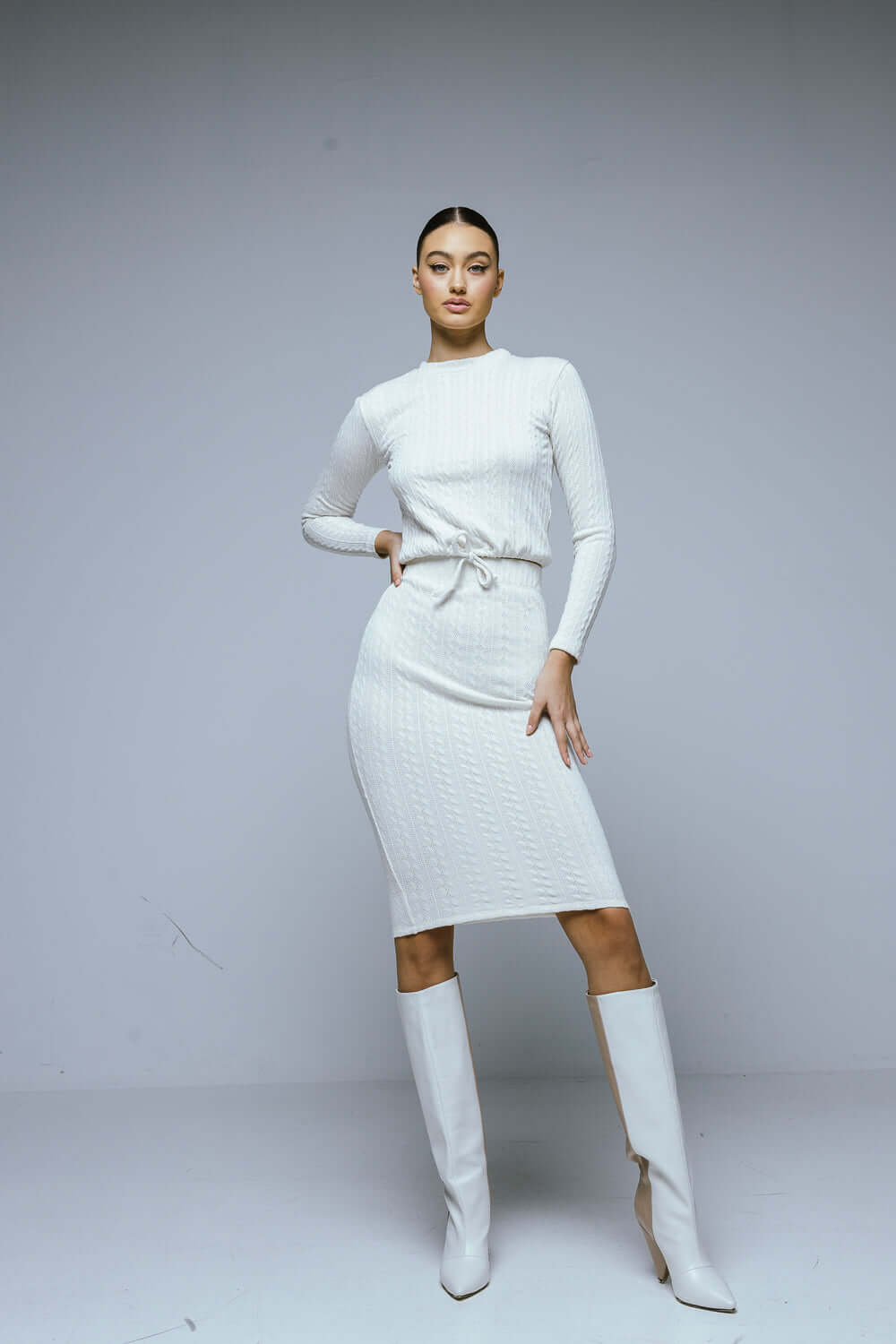 Set Crosetat cu Top si Fusta Midi, Alb, Sindri