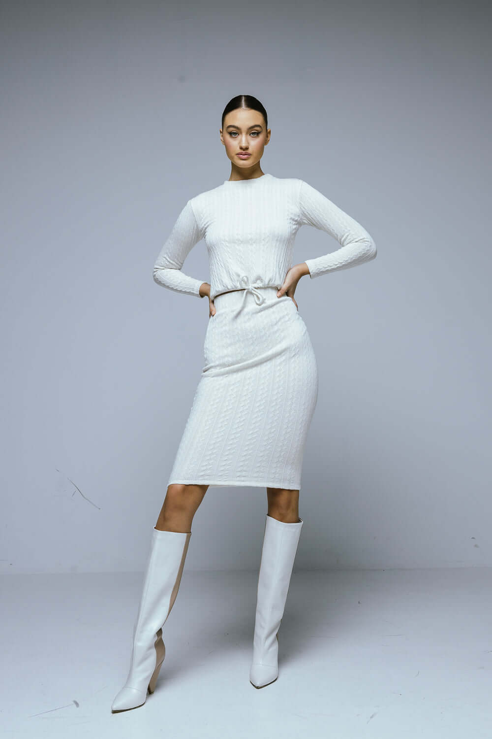 Set Crosetat cu Top si Fusta Midi, Alb, Sindri