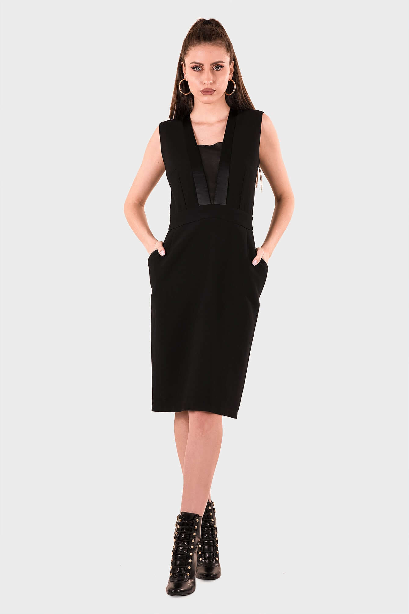 Midi Dress with Pockets, Celosia, Black