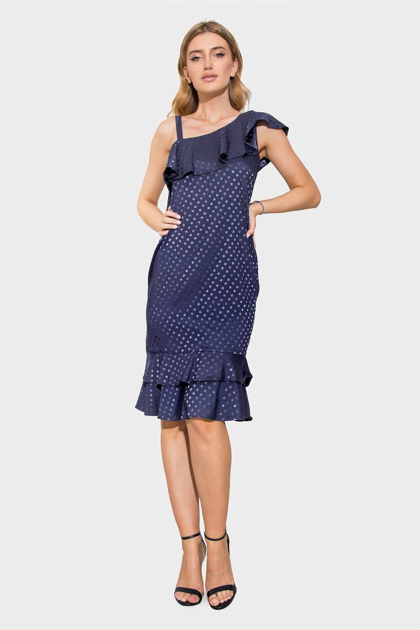 Rochie Pin-up cu Volane si Buline, Bleumarin