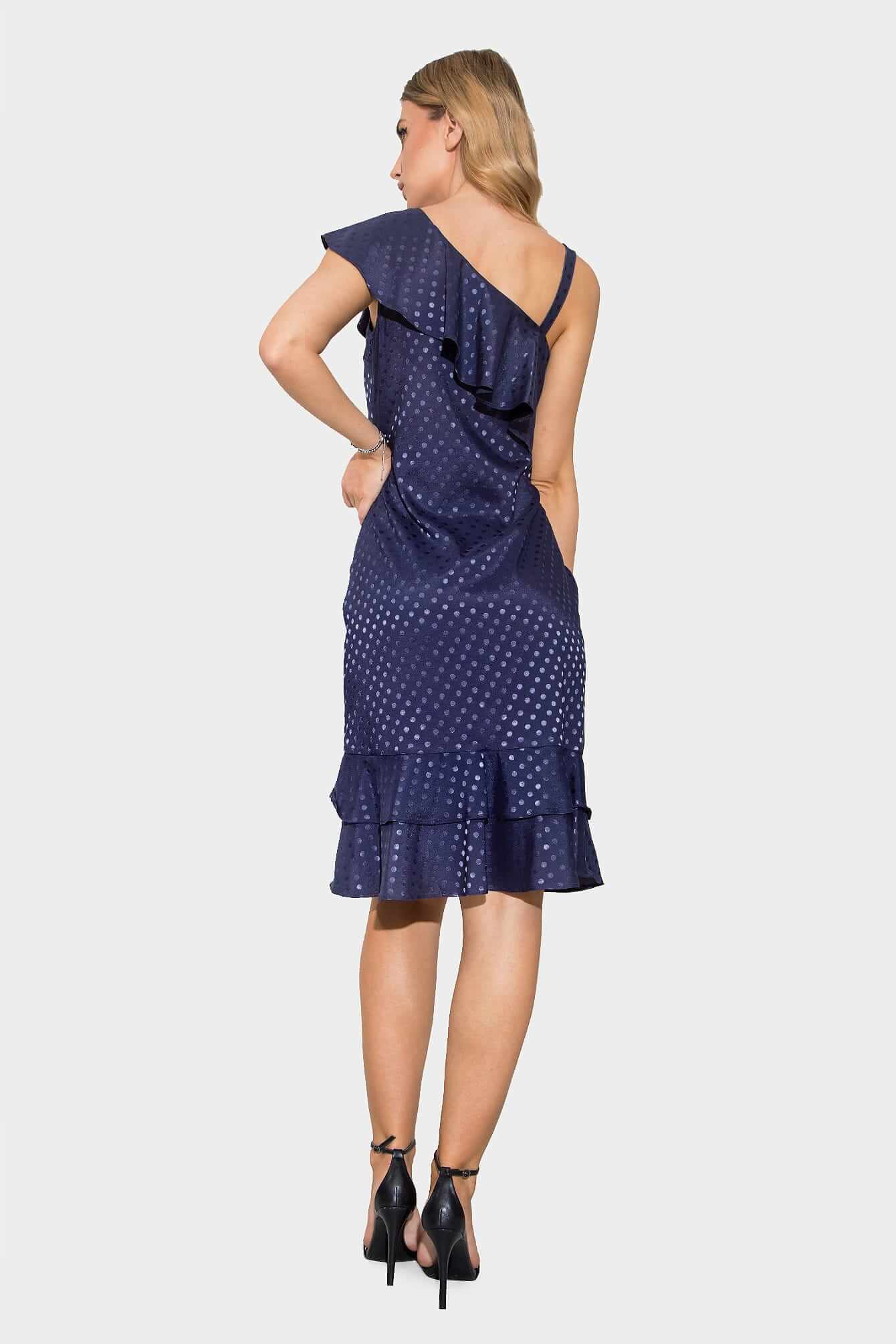 Pin-Up Dress with Ruffles and Polka Dots, Navy Blue