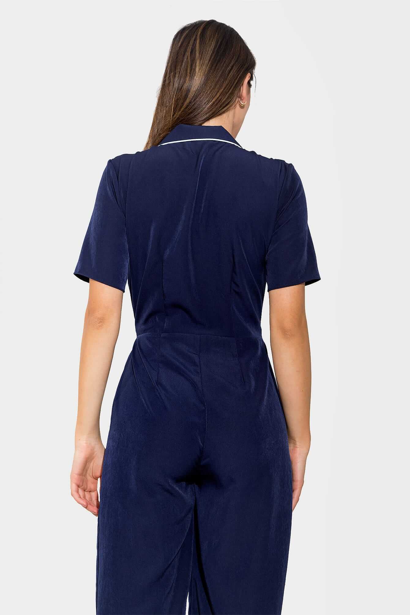 Shirt-Collar Jumpsuit, Navy Blue