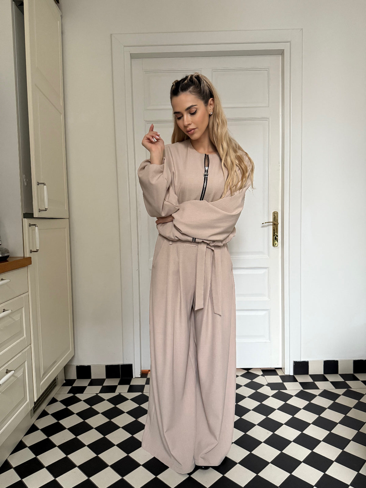 Elegant Women’s Set with Bomber Jacket and Palazzo Pants, Brown Chocolate