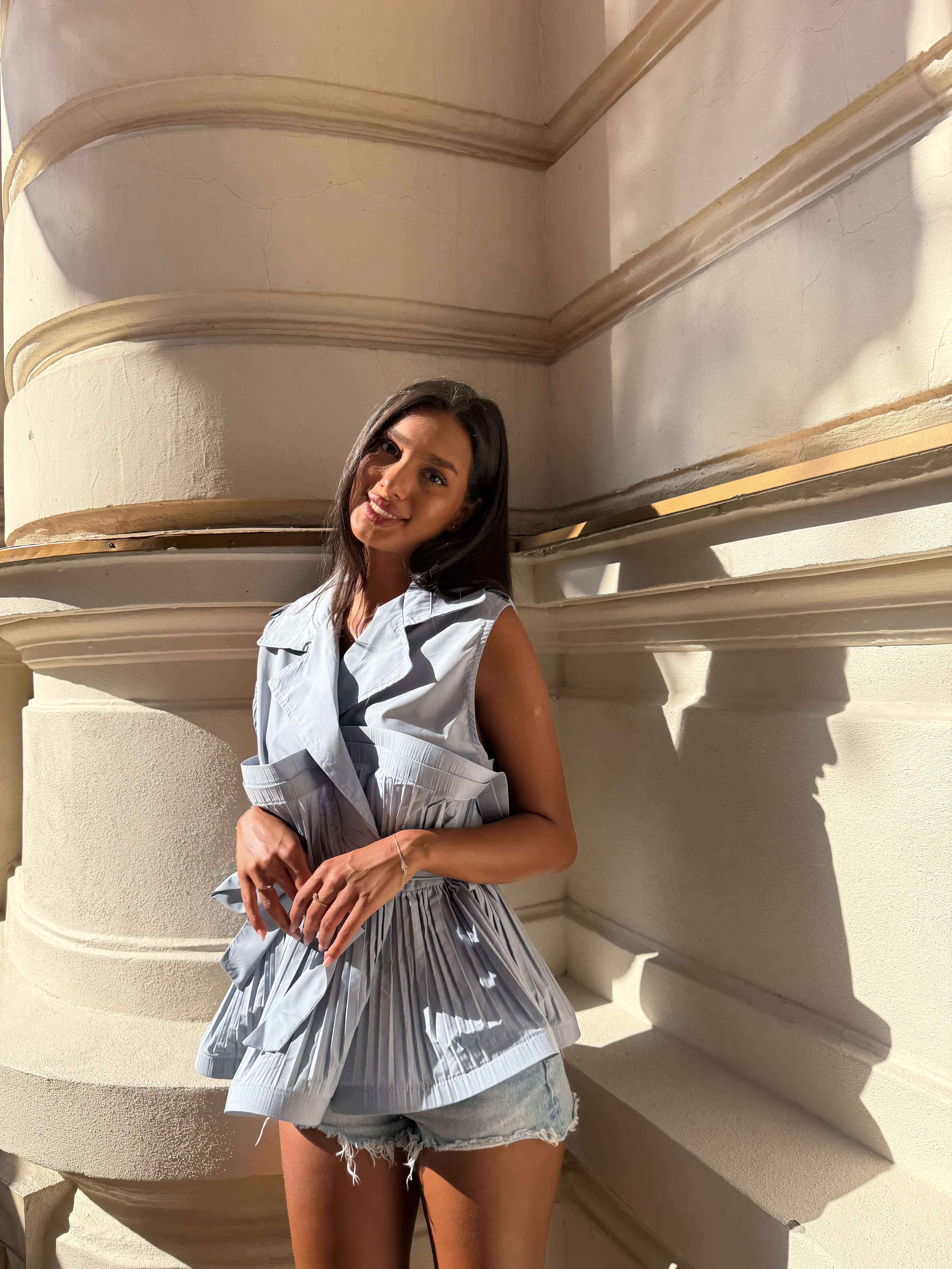 Top cu Volane, Albastru Pastel, Rufflina