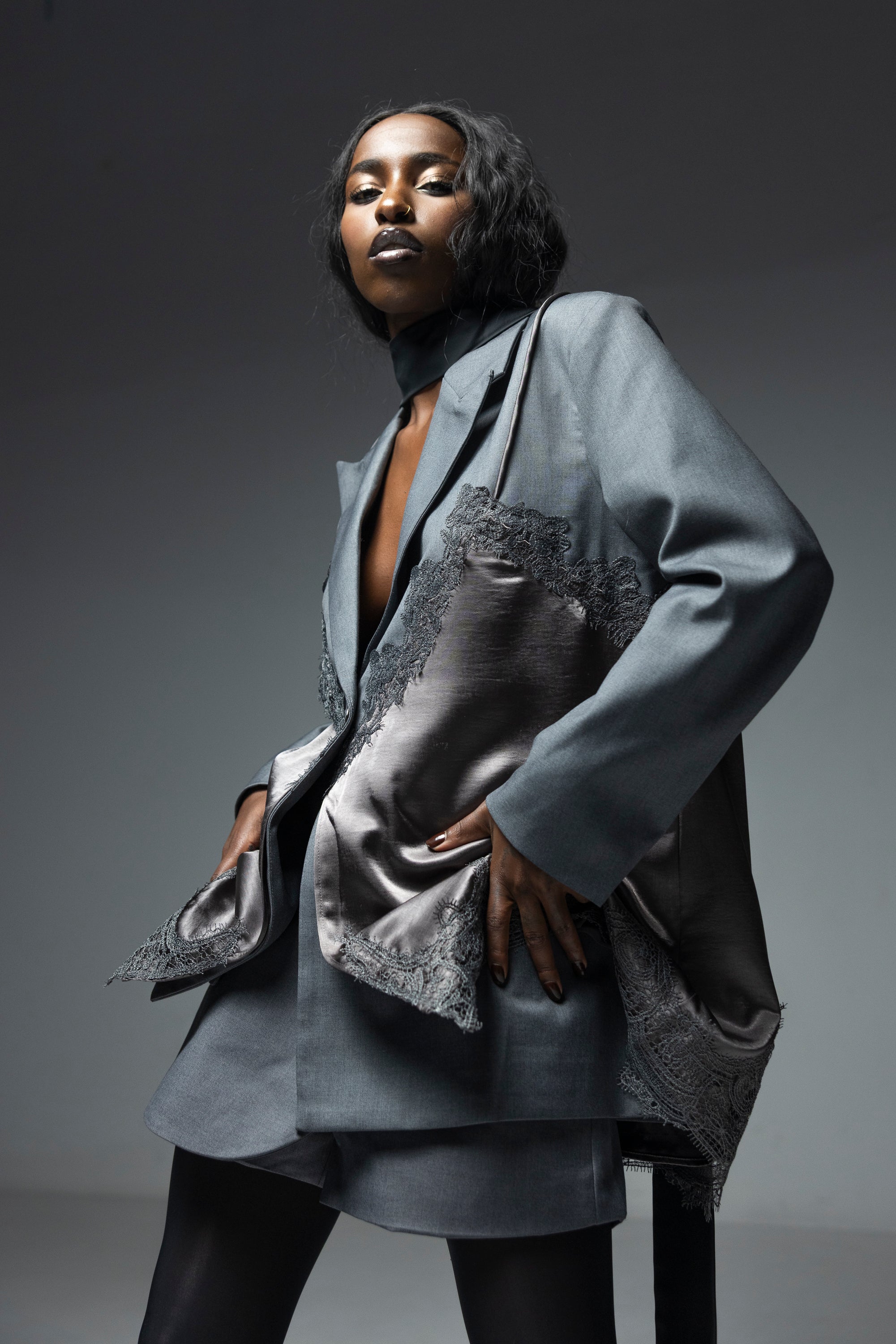 Blazer Sacou cu Dantela, Gri, Anouk