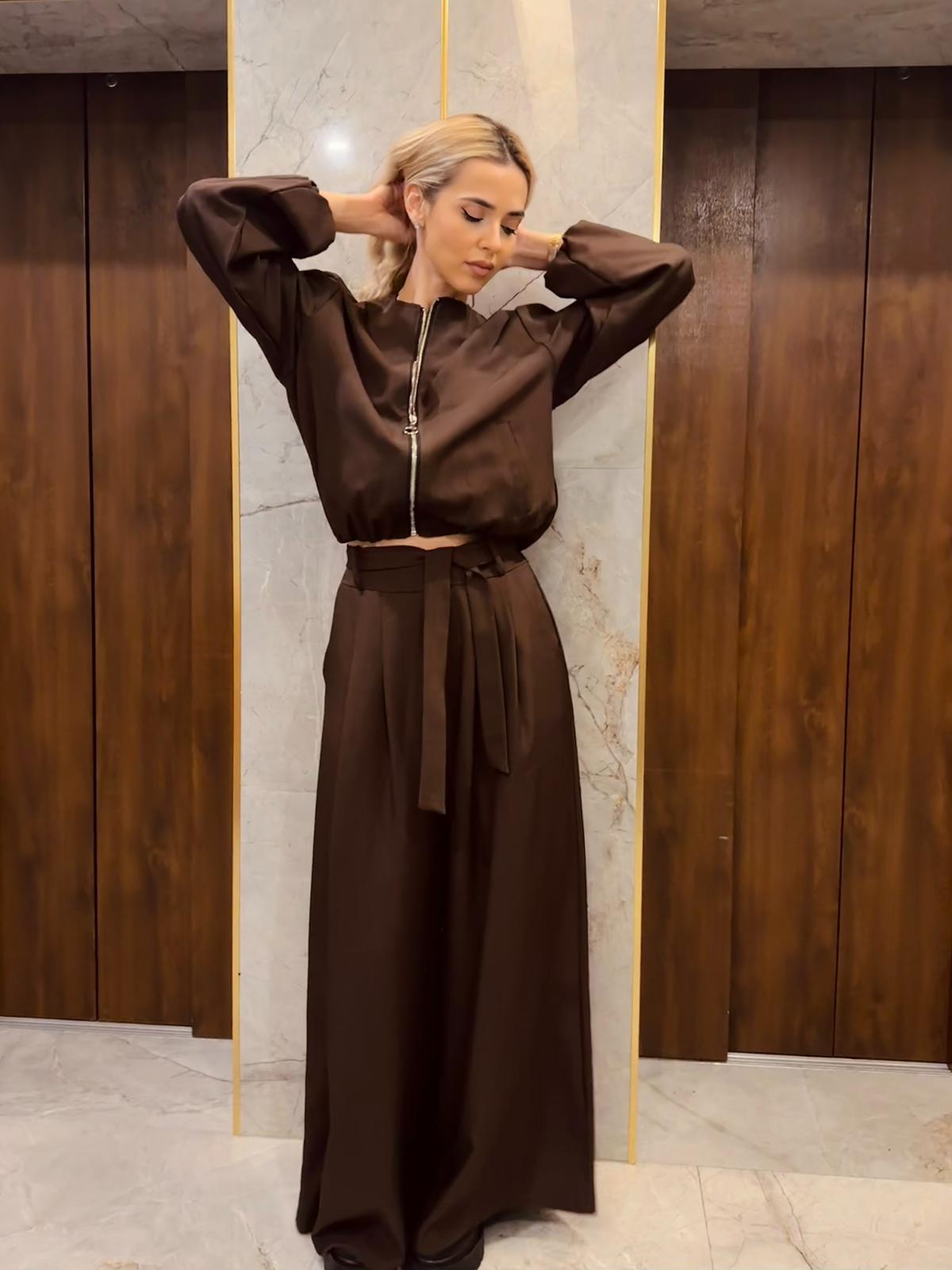 Elegant Women’s Set with Bomber Jacket and Palazzo Pants, Brown Chocolate