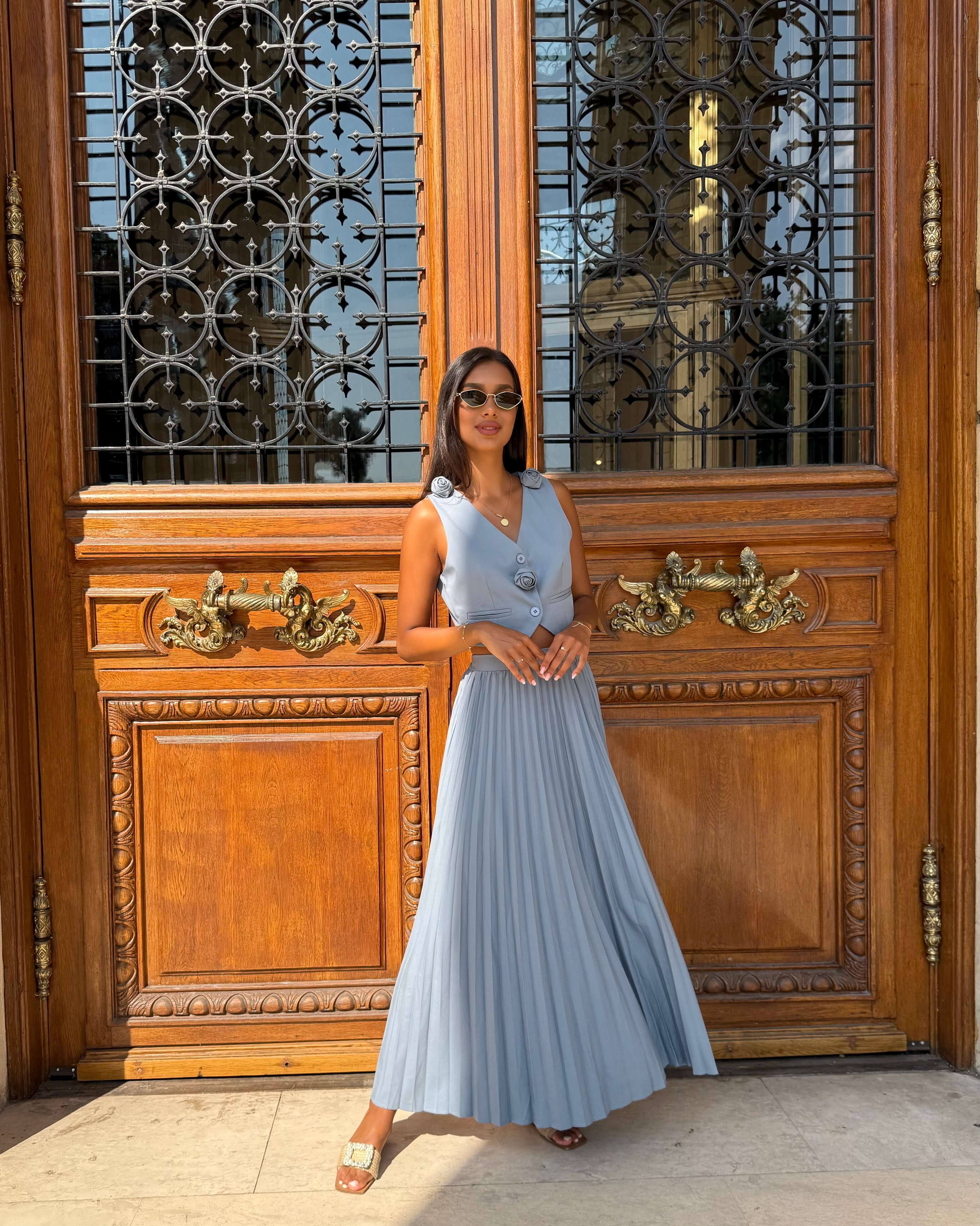 Set cu Vesta si Fusta Plisata, Albastru, Muse