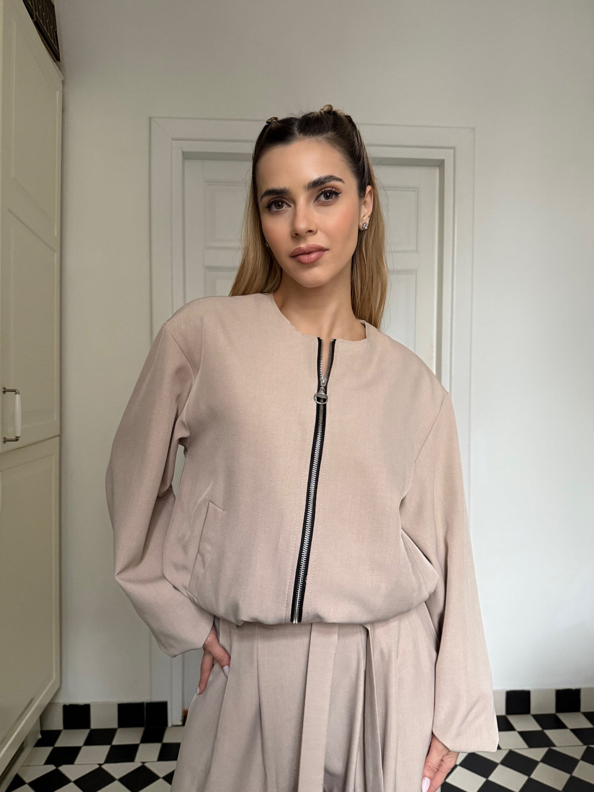 Elegant Women’s Set with Bomber Jacket and Palazzo Pants, Brown Chocolate