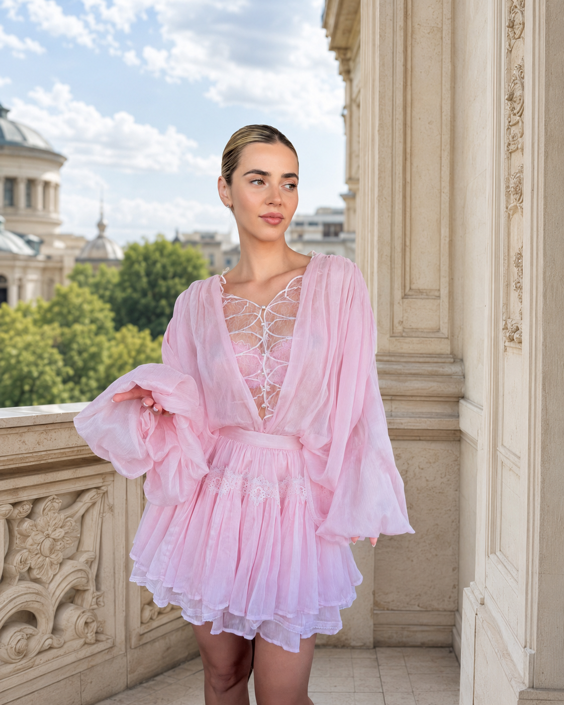 Set Powder Pink – Cămașă cu Mâneci Ample și Fustă Pantalon, Celestine