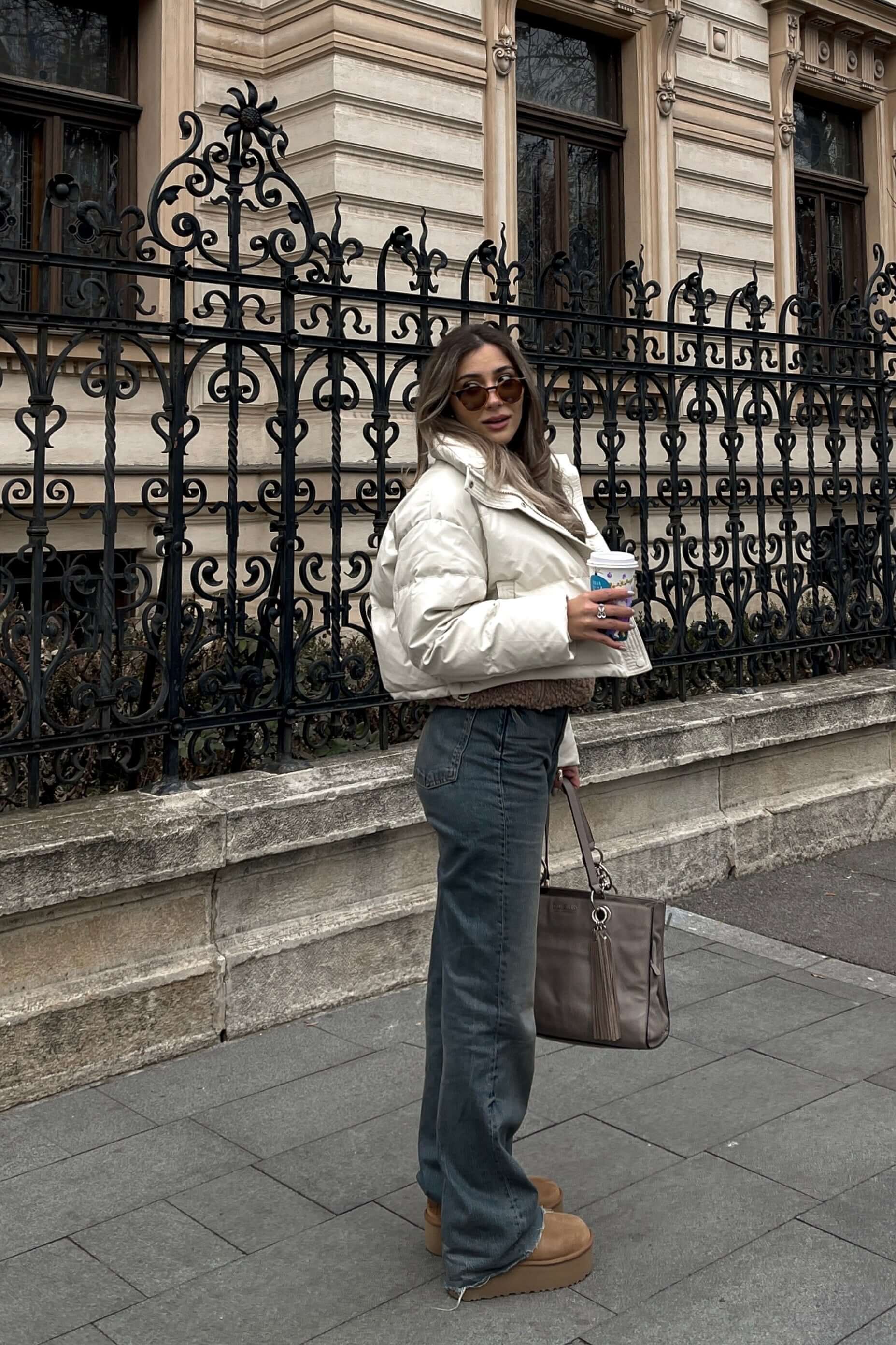 Geaca Puffer Oversized cu Guler Inalt, Bej, Milky Way