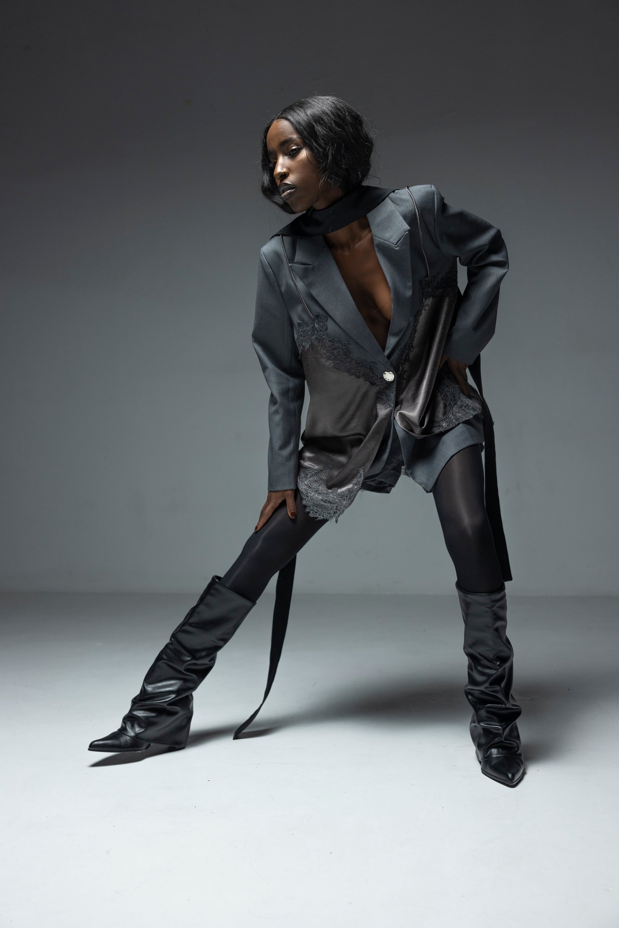 Blazer Sacou cu Dantela, Gri, Anouk