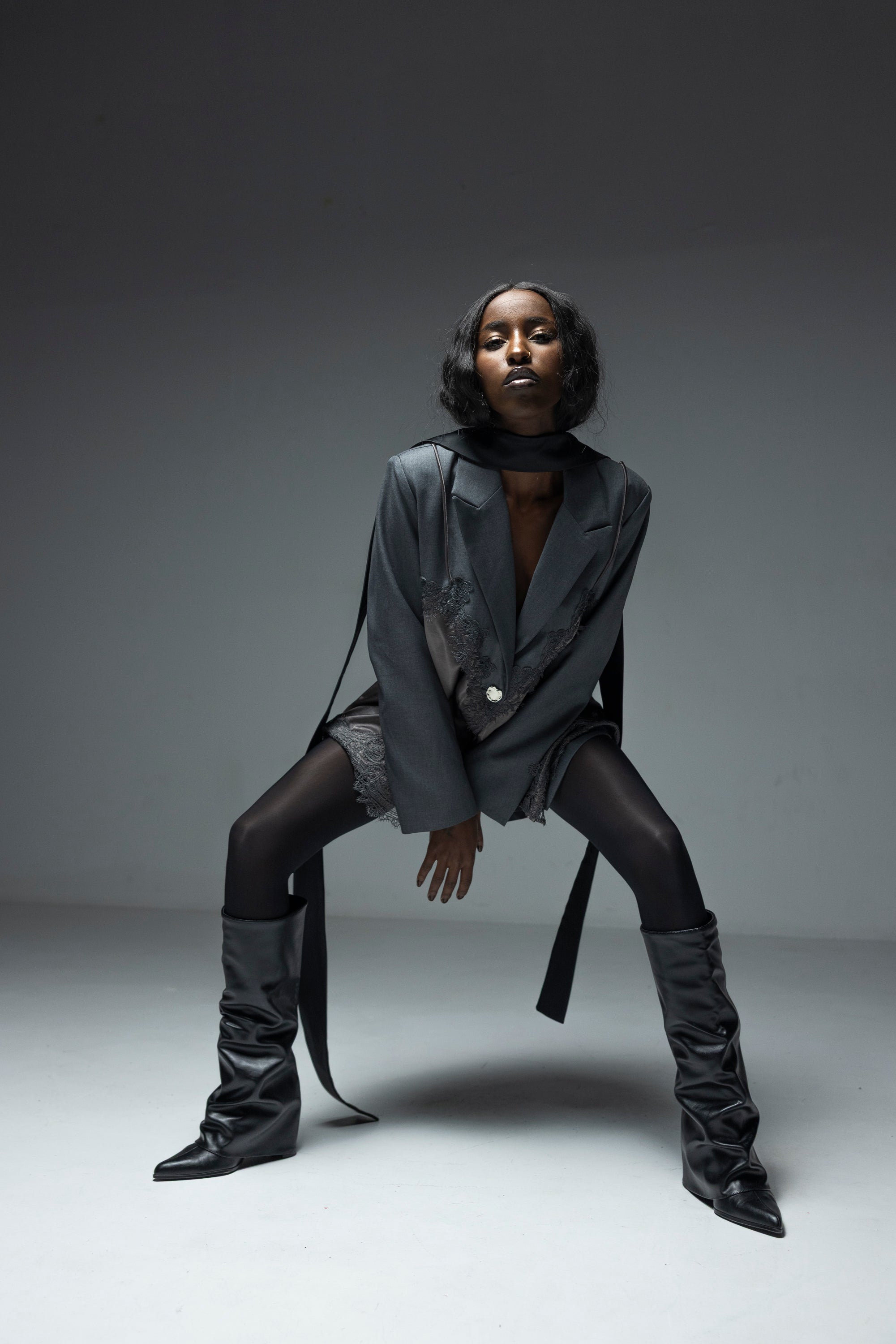 Blazer Sacou cu Dantela, Gri, Anouk