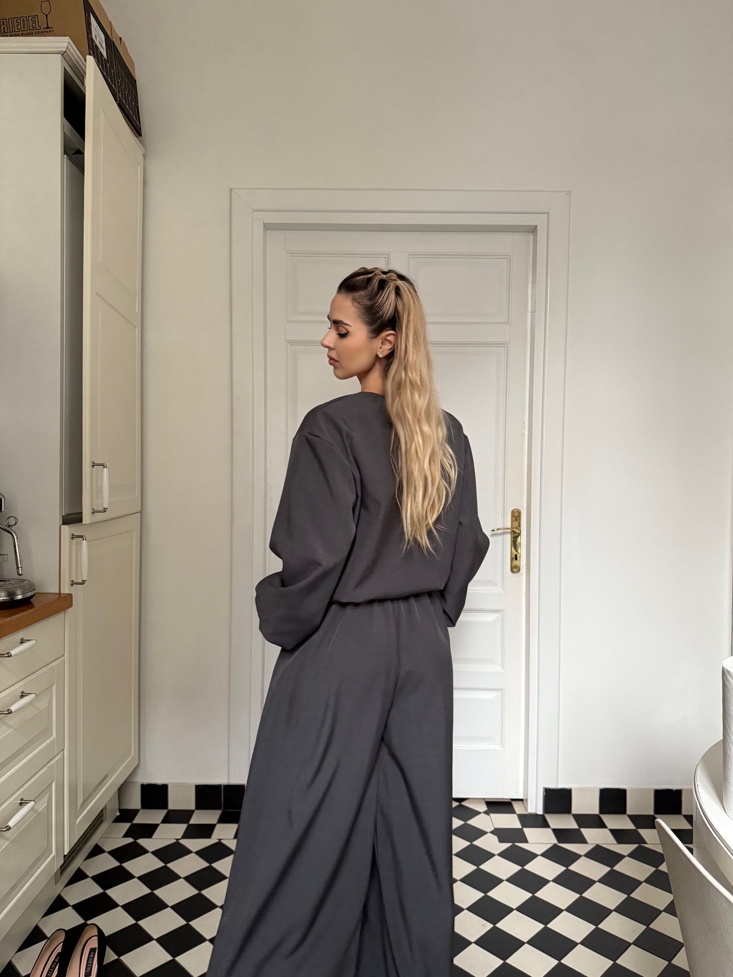 Elegant Women’s Set with Bomber Jacket and Palazzo Pants, Brown Chocolate