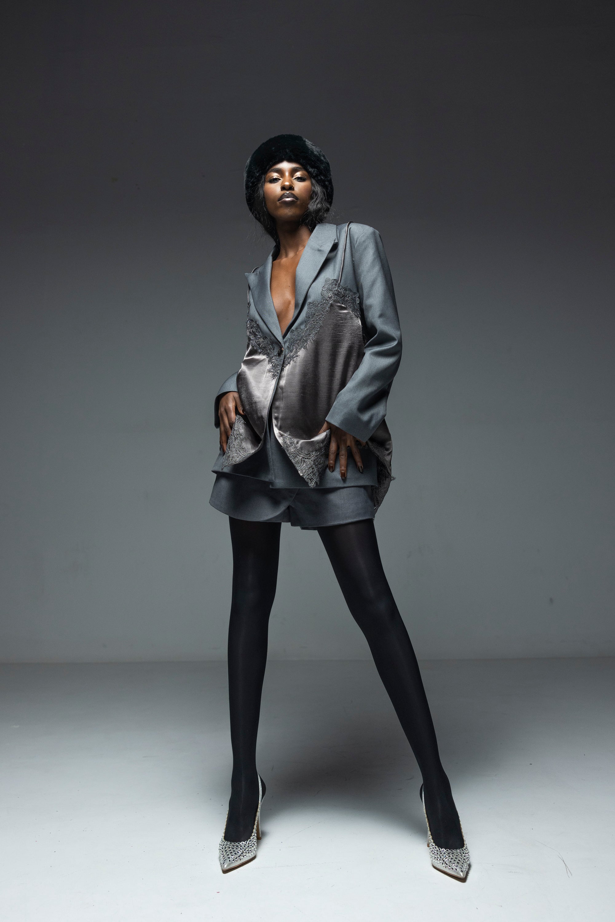 Blazer Sacou cu Dantela, Gri, Anouk