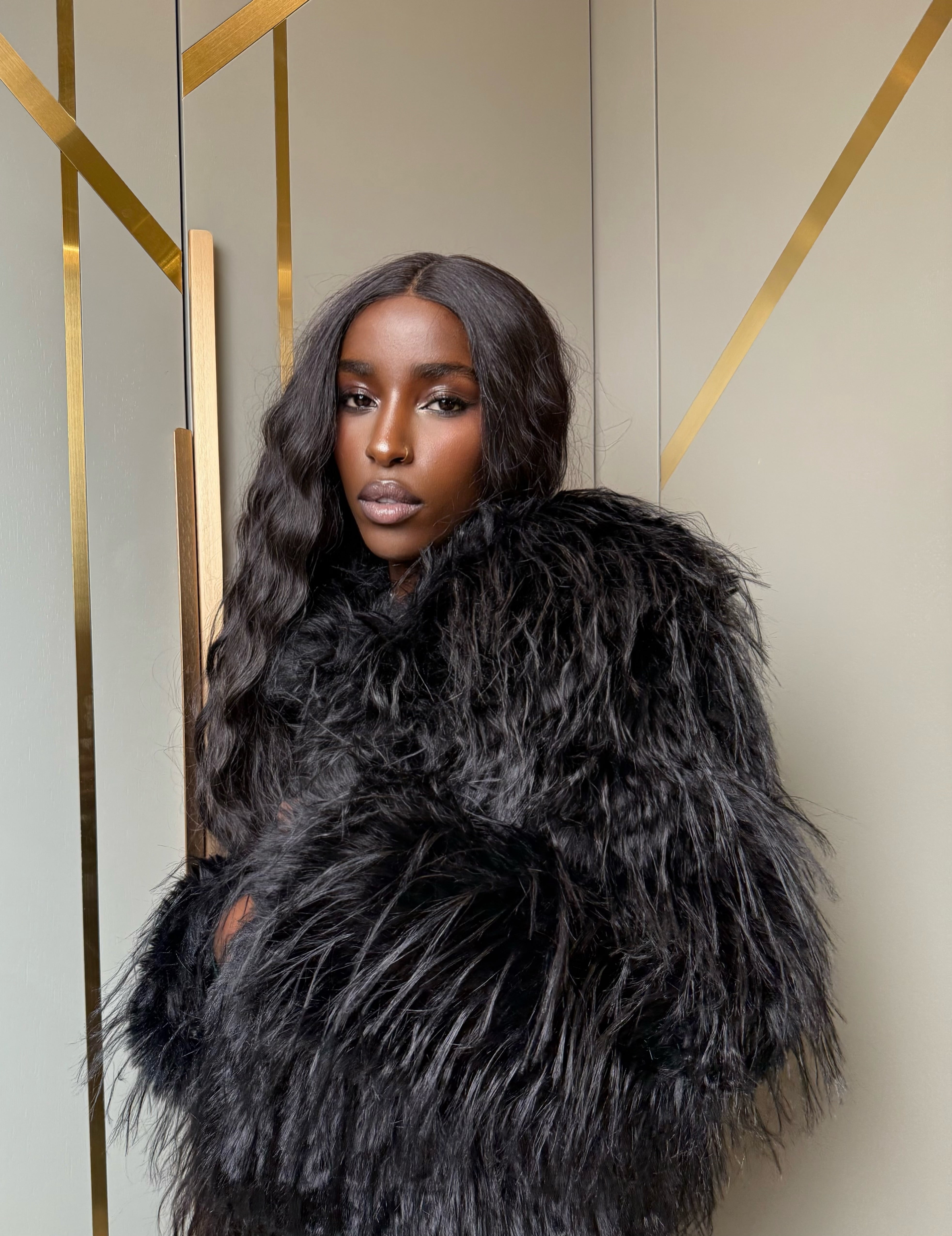 Faux Fur Coat with Wide Collar, Black - Aurore