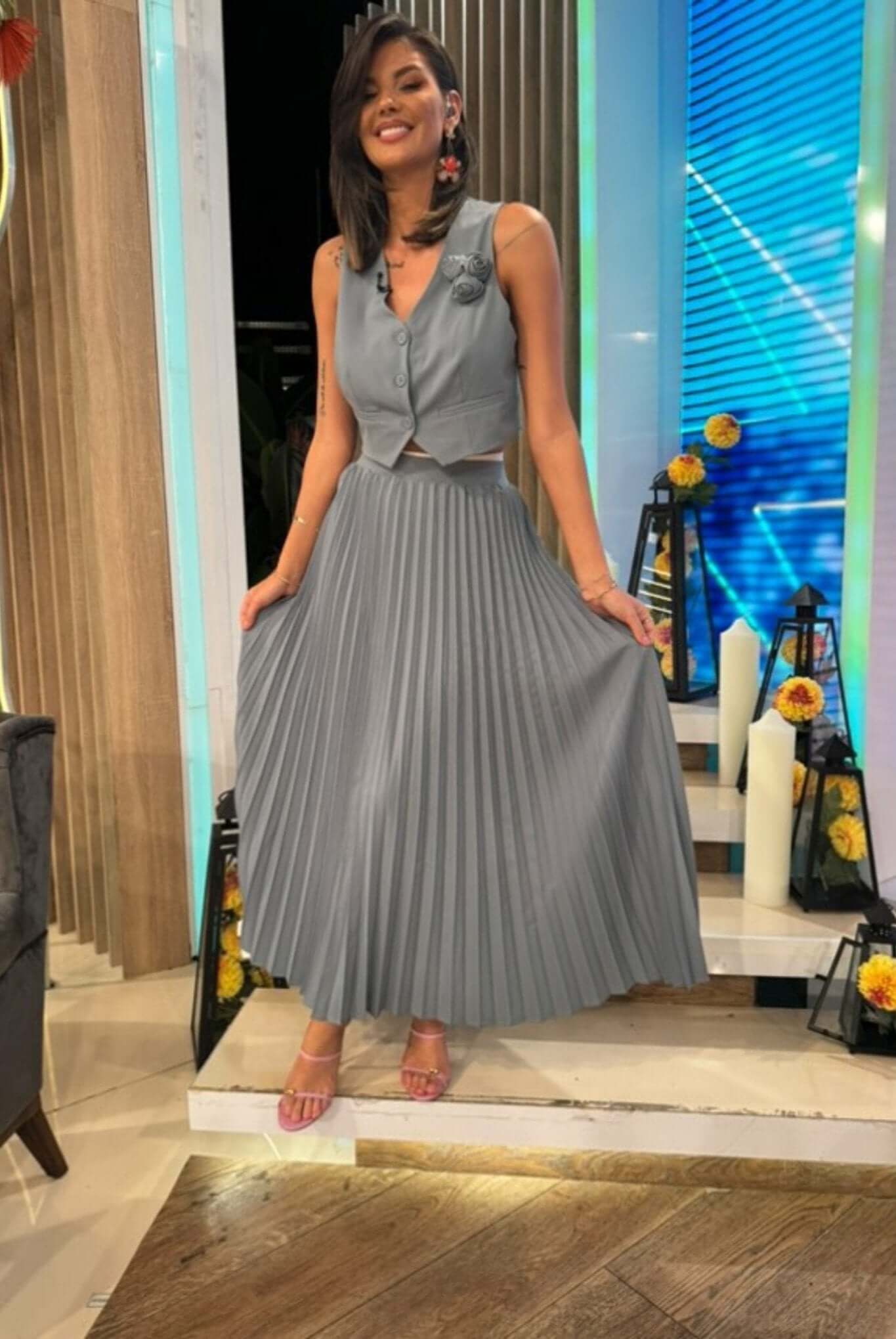 Set cu Vesta si Fusta Plisata, Albastru, Muse