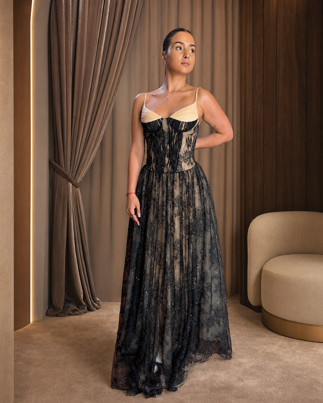Rochie midi elegantă din dantelă, cu bust tip corset, bretele fine și fustă amplă, Aveline Noire