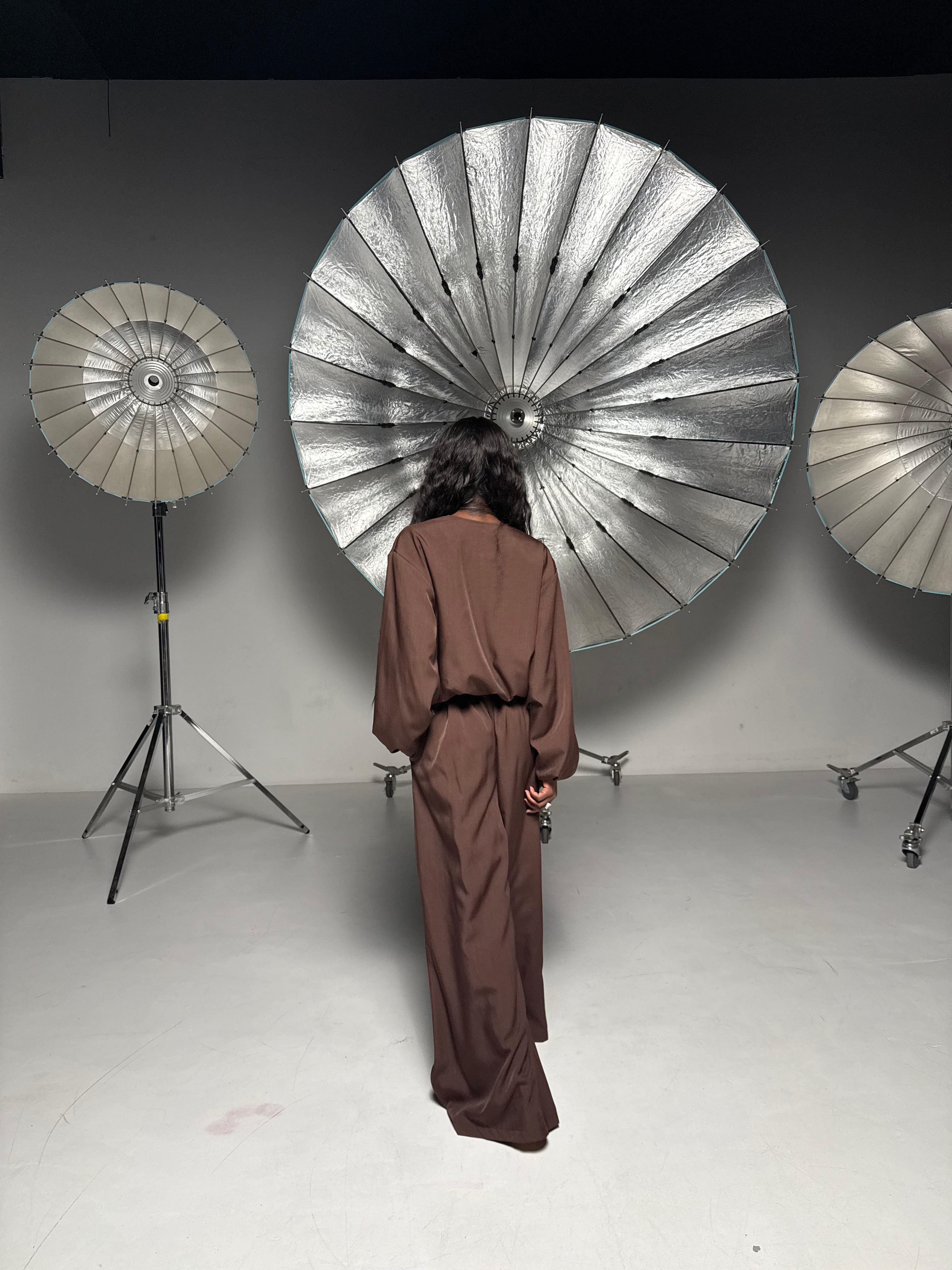 Elegant Women’s Set with Bomber Jacket and Palazzo Pants, Brown Chocolate