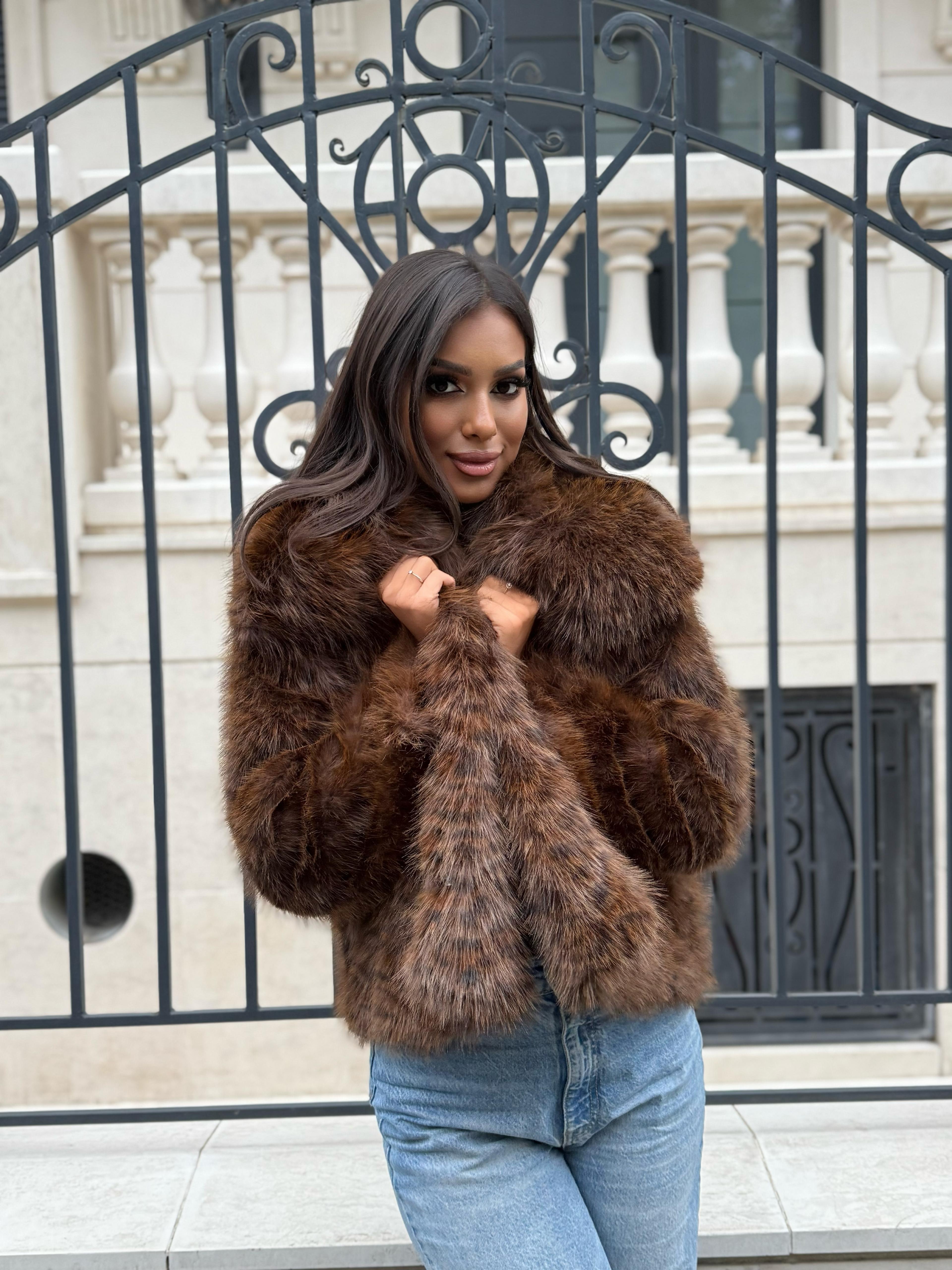 Faux Fur Coat, Animal Print - Noisette