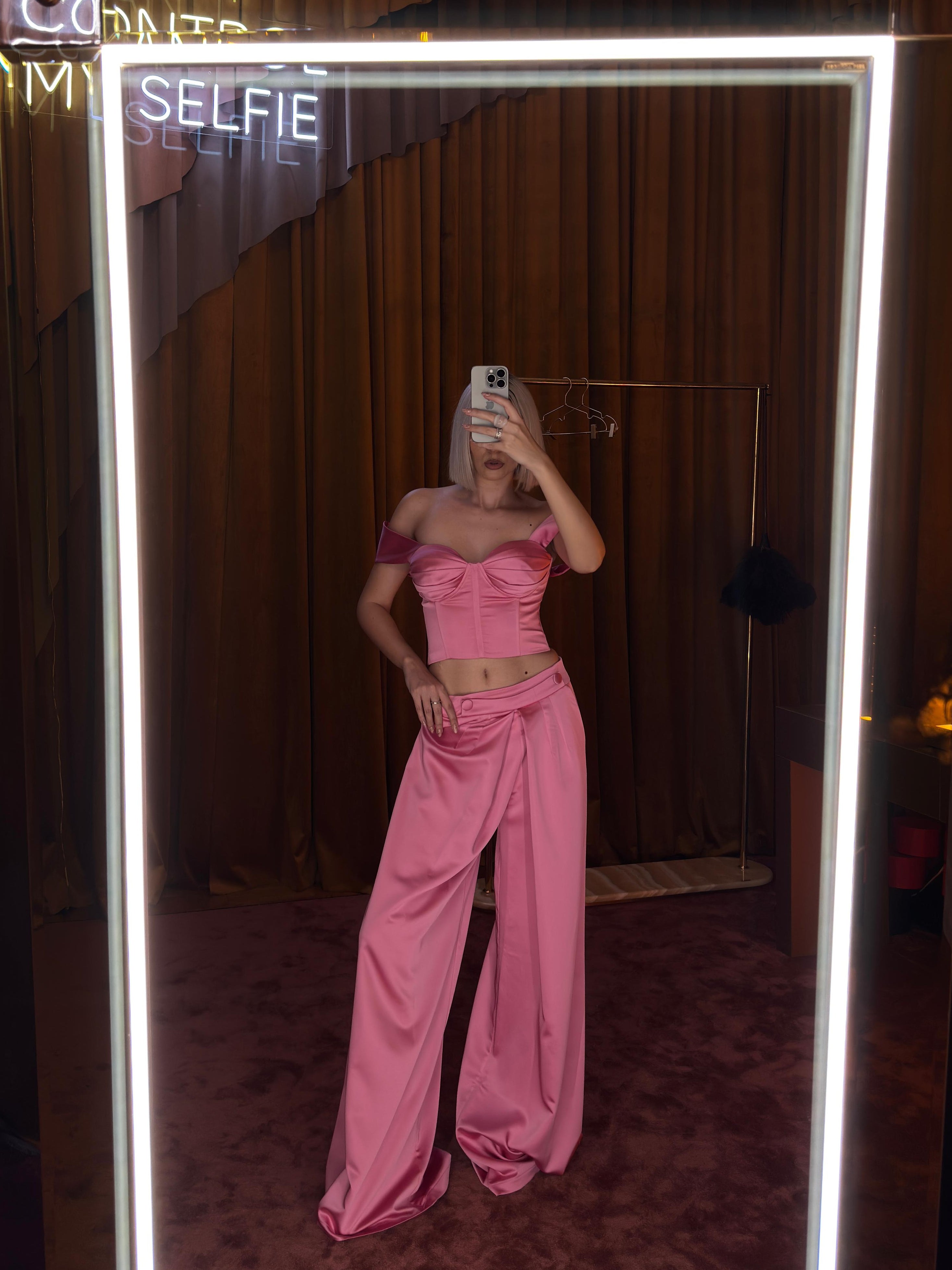 Pantaloni Satinati cu Croiala Larga, Roz, Paloma