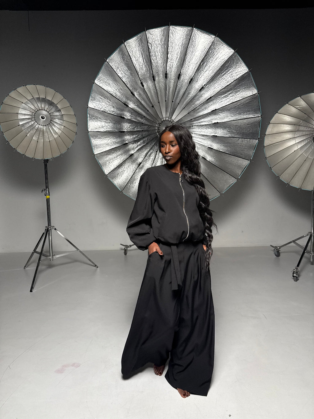 Elegant Women’s Set with Bomber Jacket and Palazzo Pants, Brown Chocolate