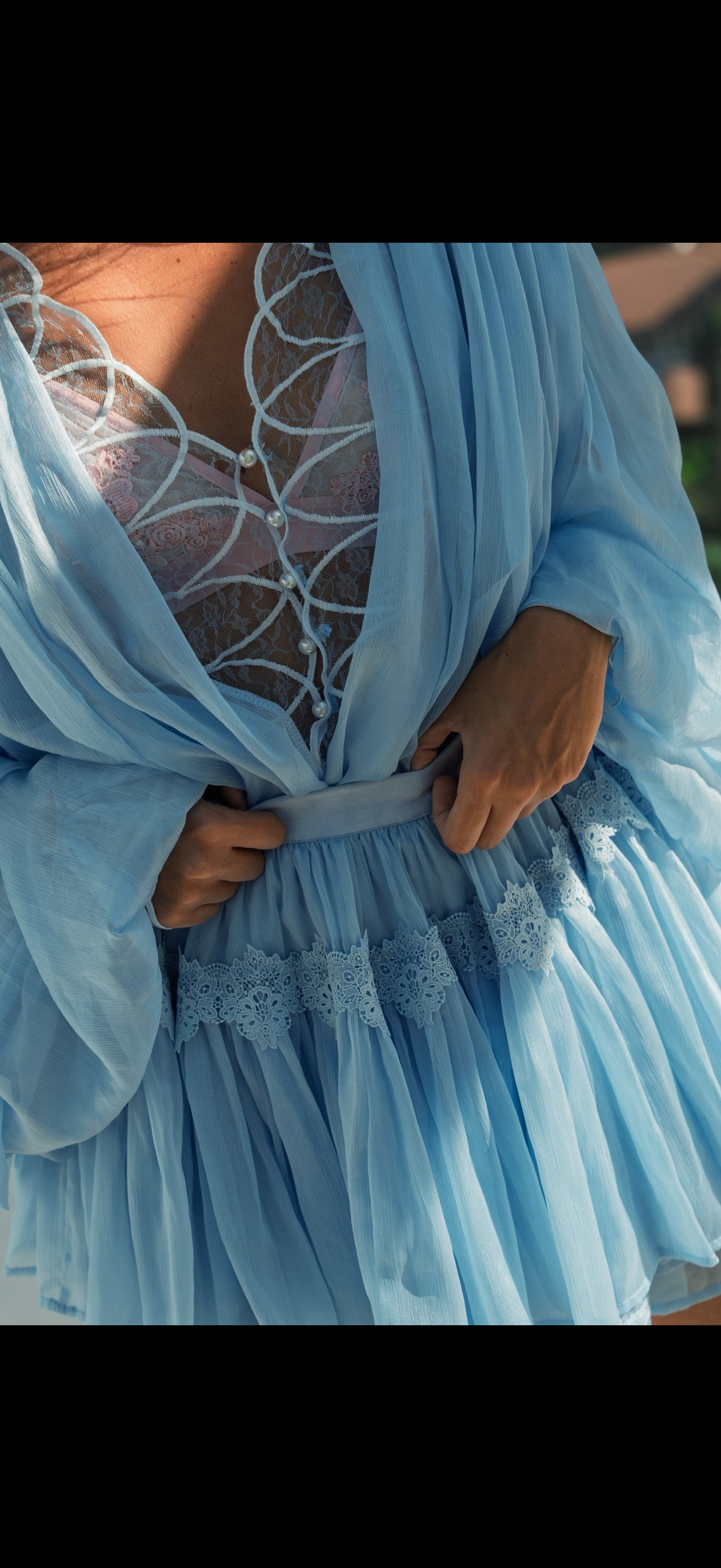 Set  Bleu Ciel– Cămașă cu Mâneci Ample și Fustă Pantalon, Celestine