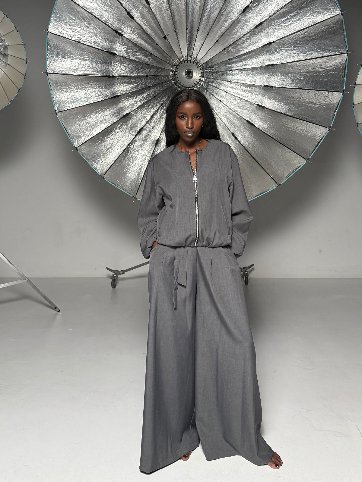 Elegant Women’s Set with Bomber Jacket and Palazzo Pants, Brown Chocolate