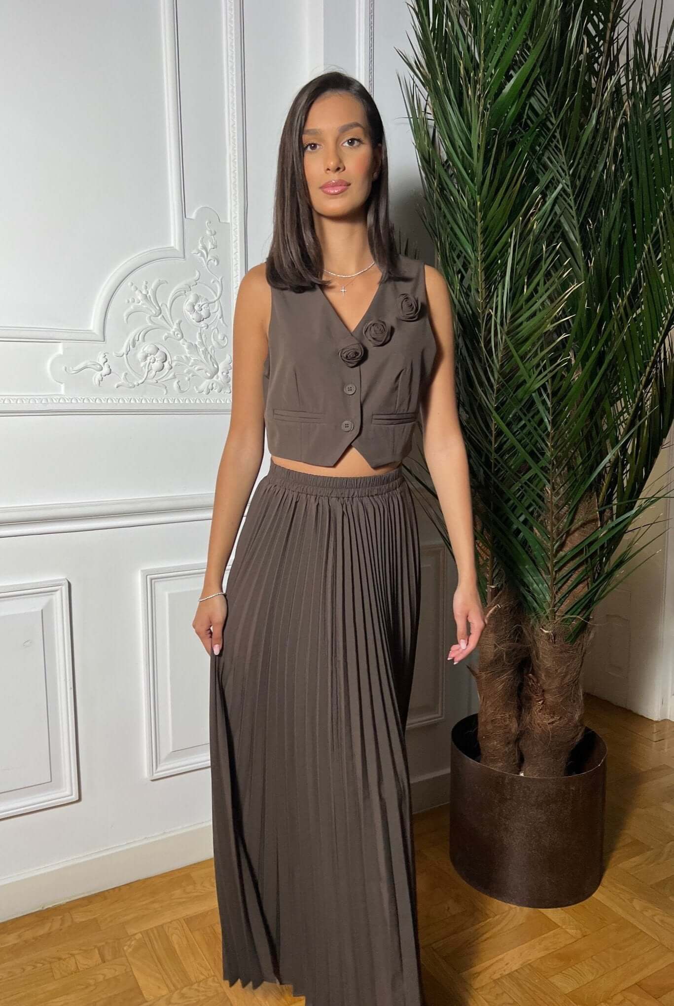 Set cu Vesta si Fusta Plisata, Maro, Muse