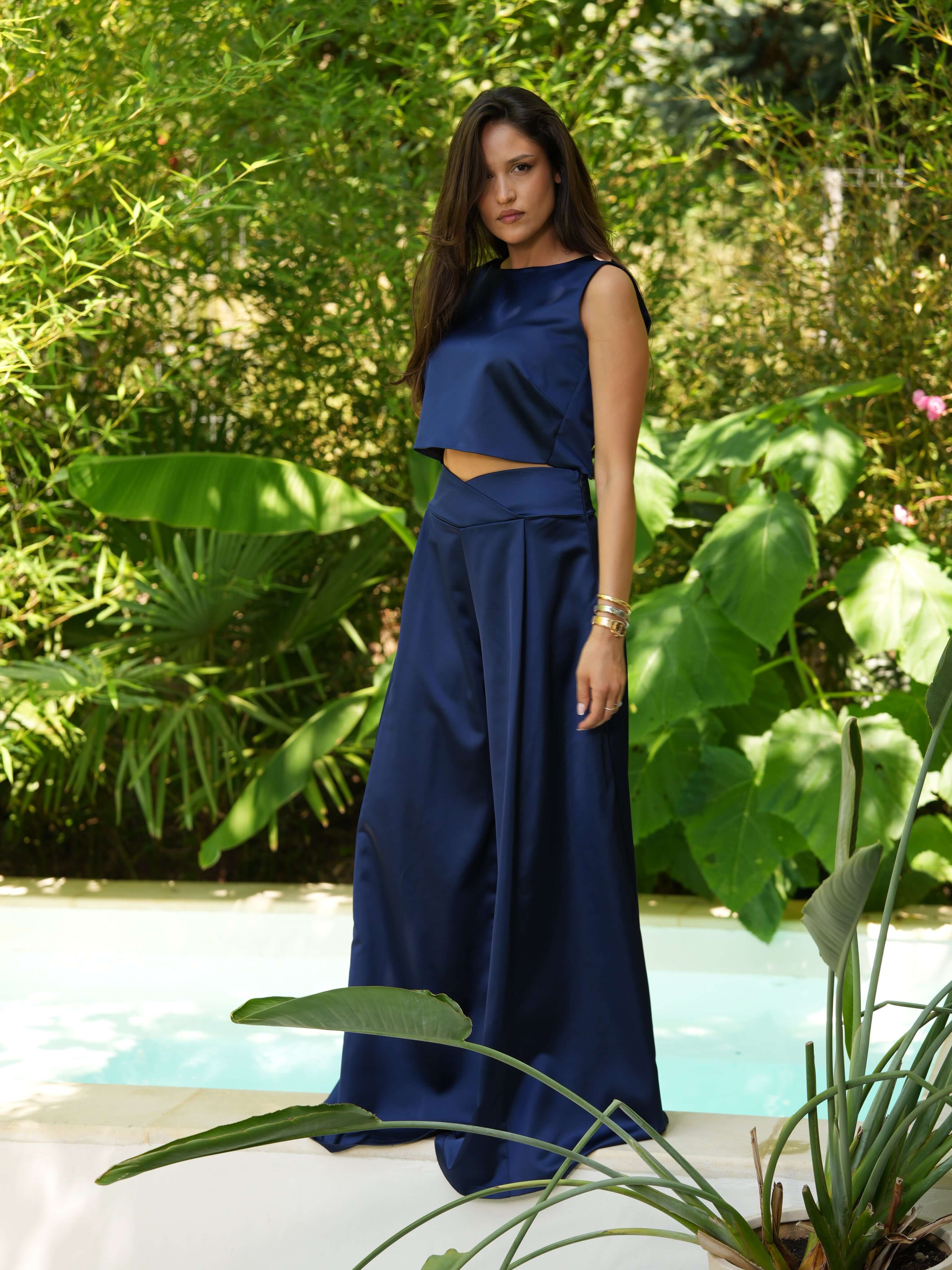 Satin Palazzo Pants, Lagoon, Blue