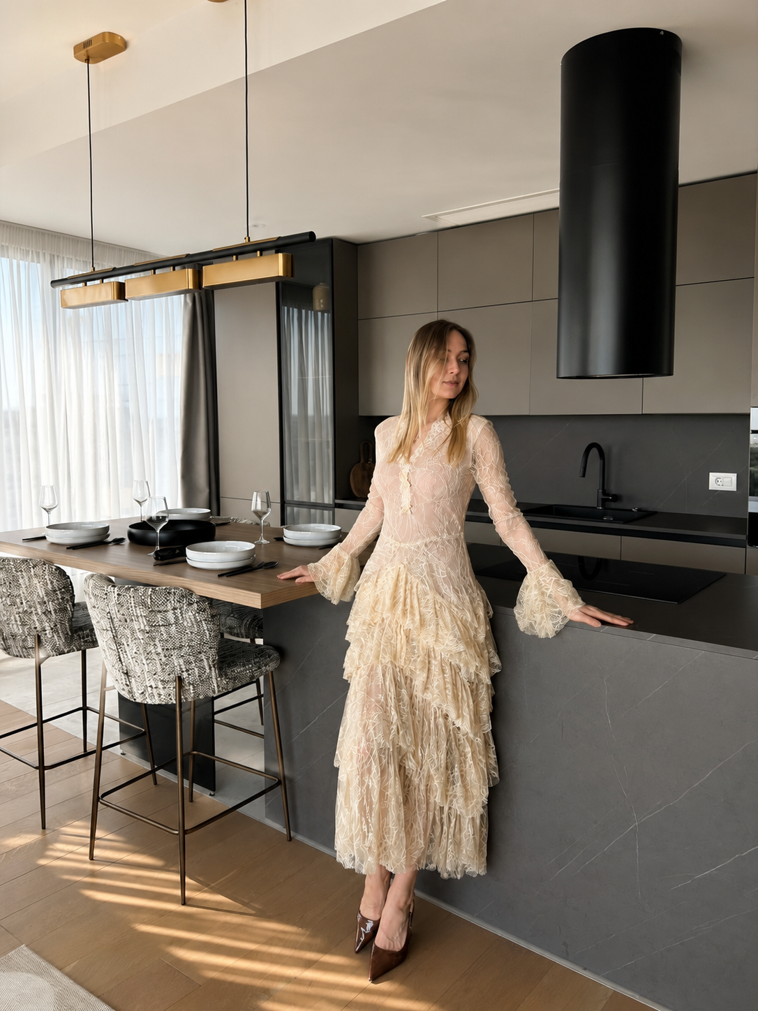 Rochie butter champagne din dantelă, Aurélie