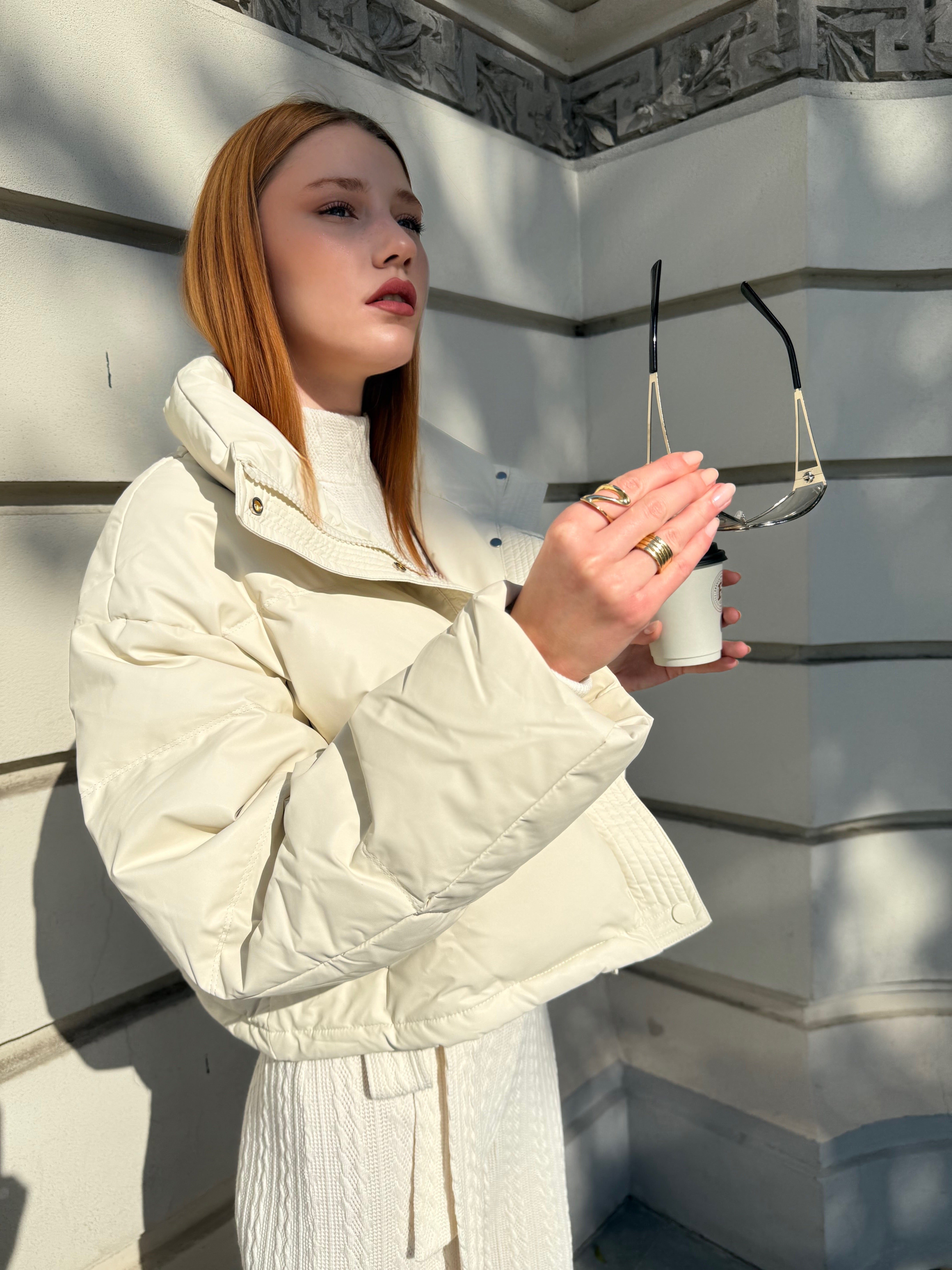 Geaca Puffer Oversized cu Guler Inalt, Bej, Milky Way