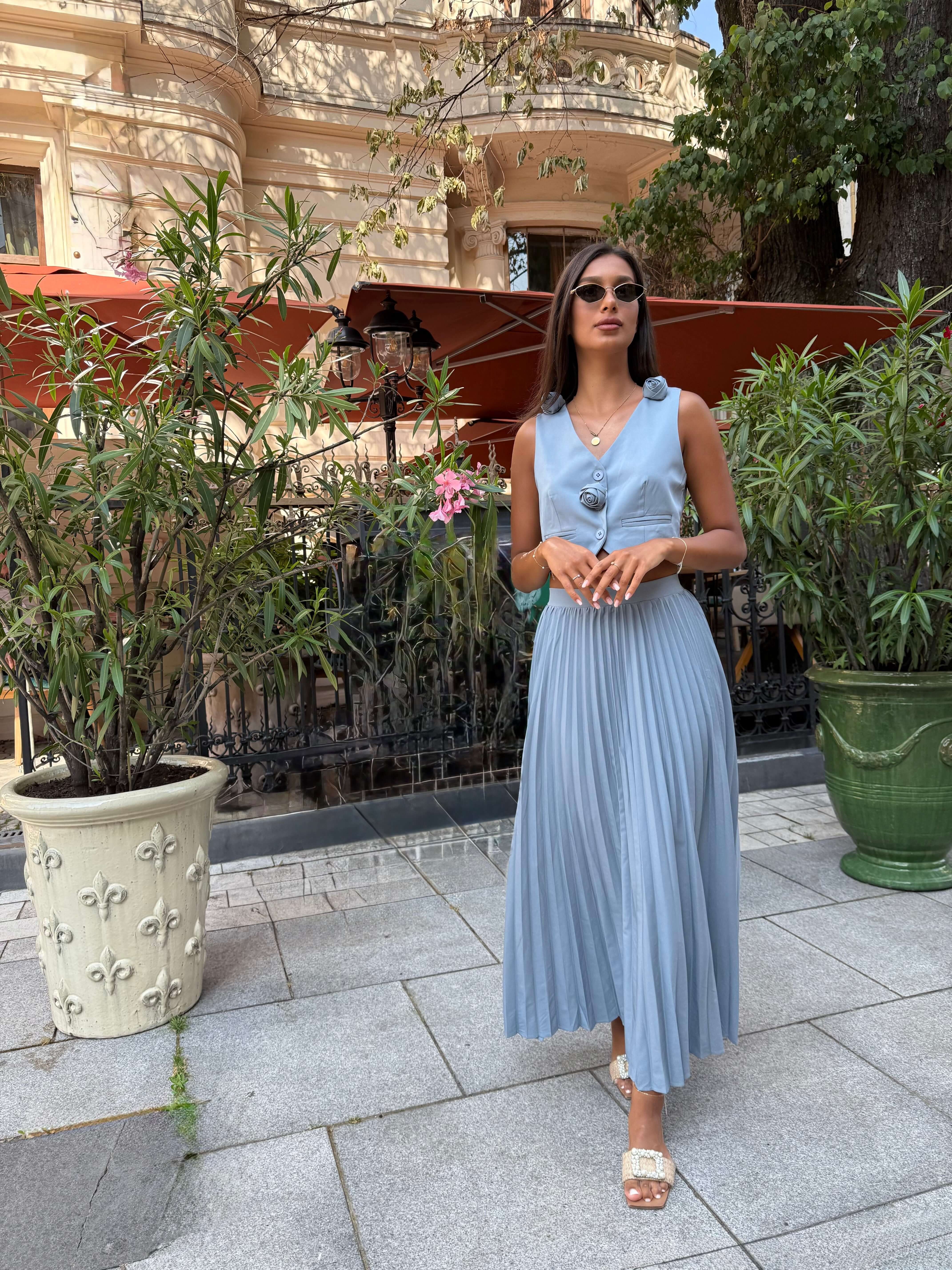 Set cu Vesta si Fusta Plisata, Albastru, Muse