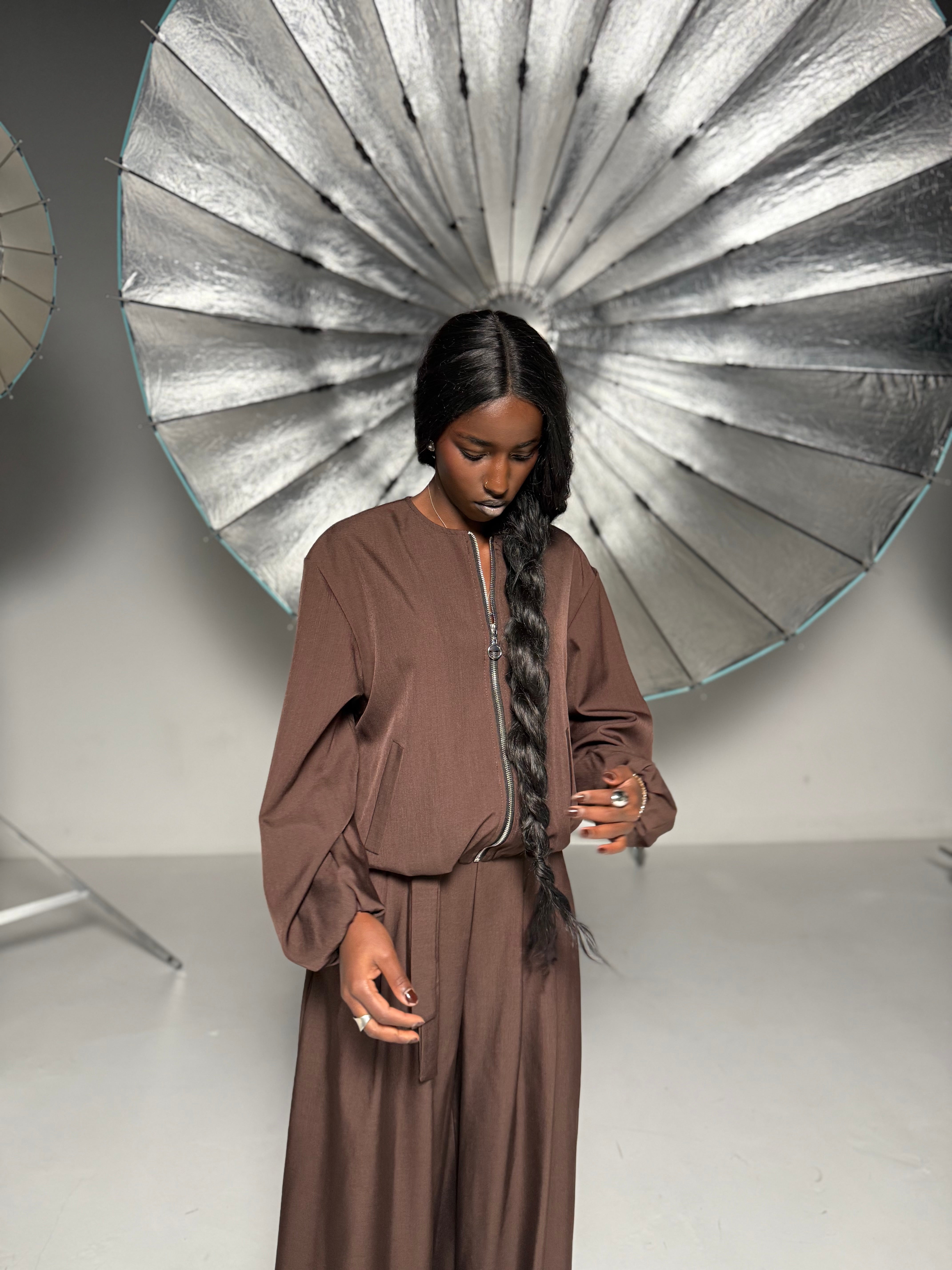 Elegant Women’s Set with Bomber Jacket and Palazzo Pants, Brown Chocolate