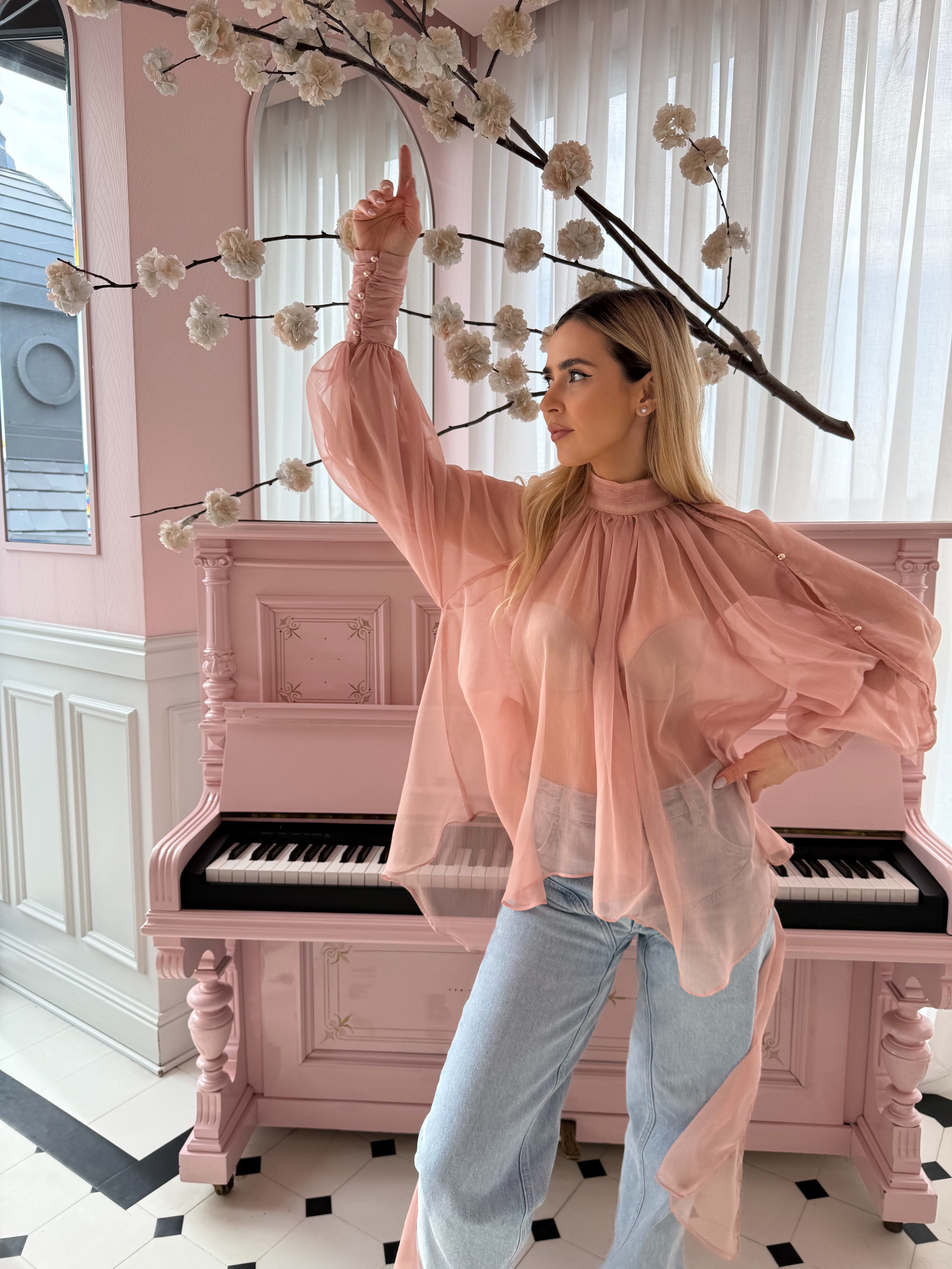 Bluză roz pudrat din voal și mâneci ample, Angeline Pink Powder