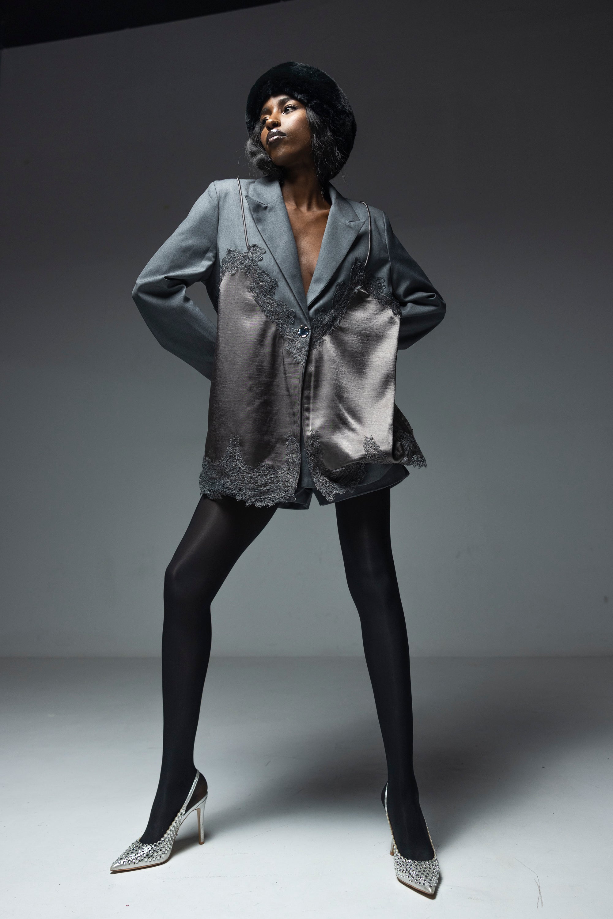 Blazer Sacou cu Dantela, Gri, Anouk